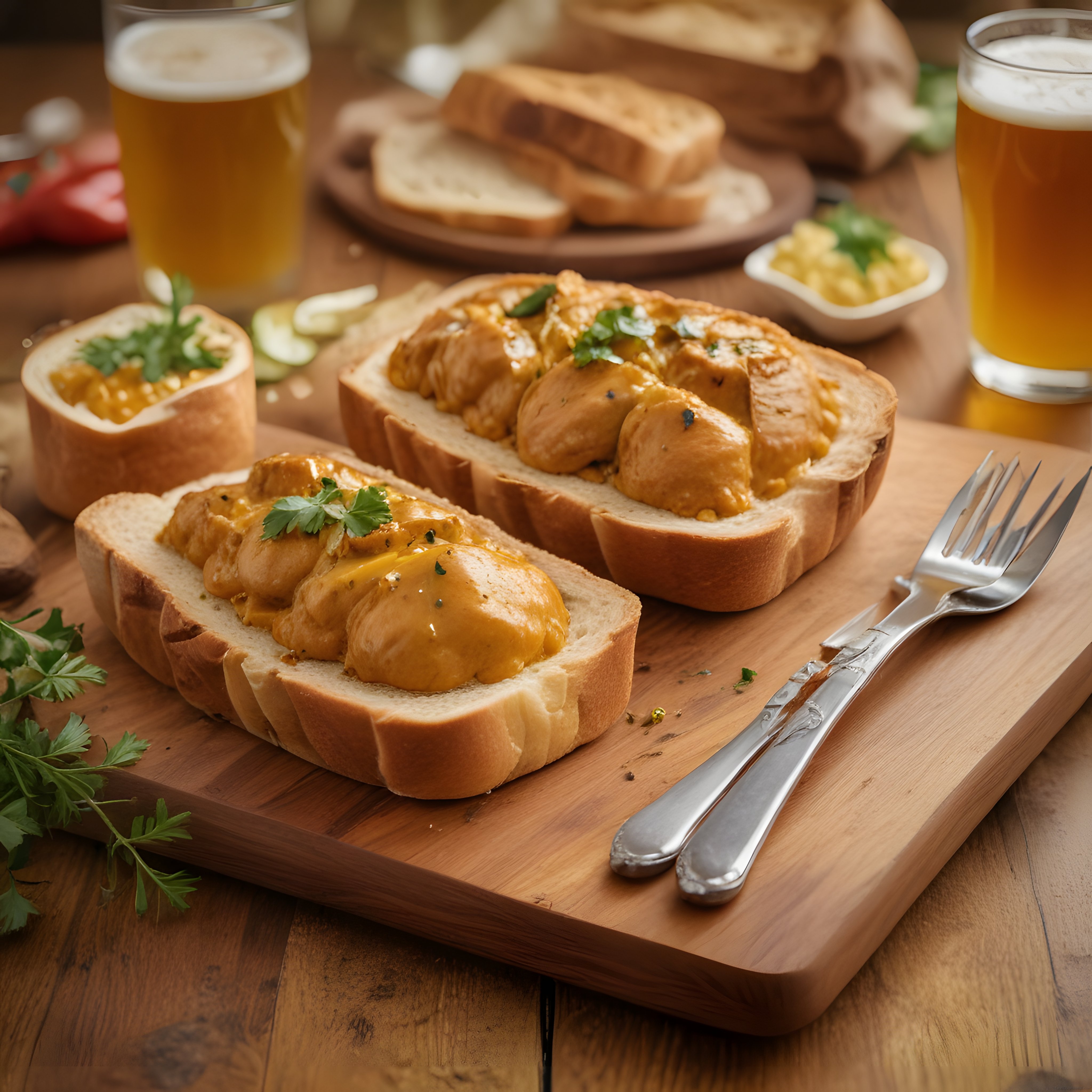 Ekmek Kasesinde Soslu Tavuk But ve Bira Eşliğinde Rustik Masa Sunumu
