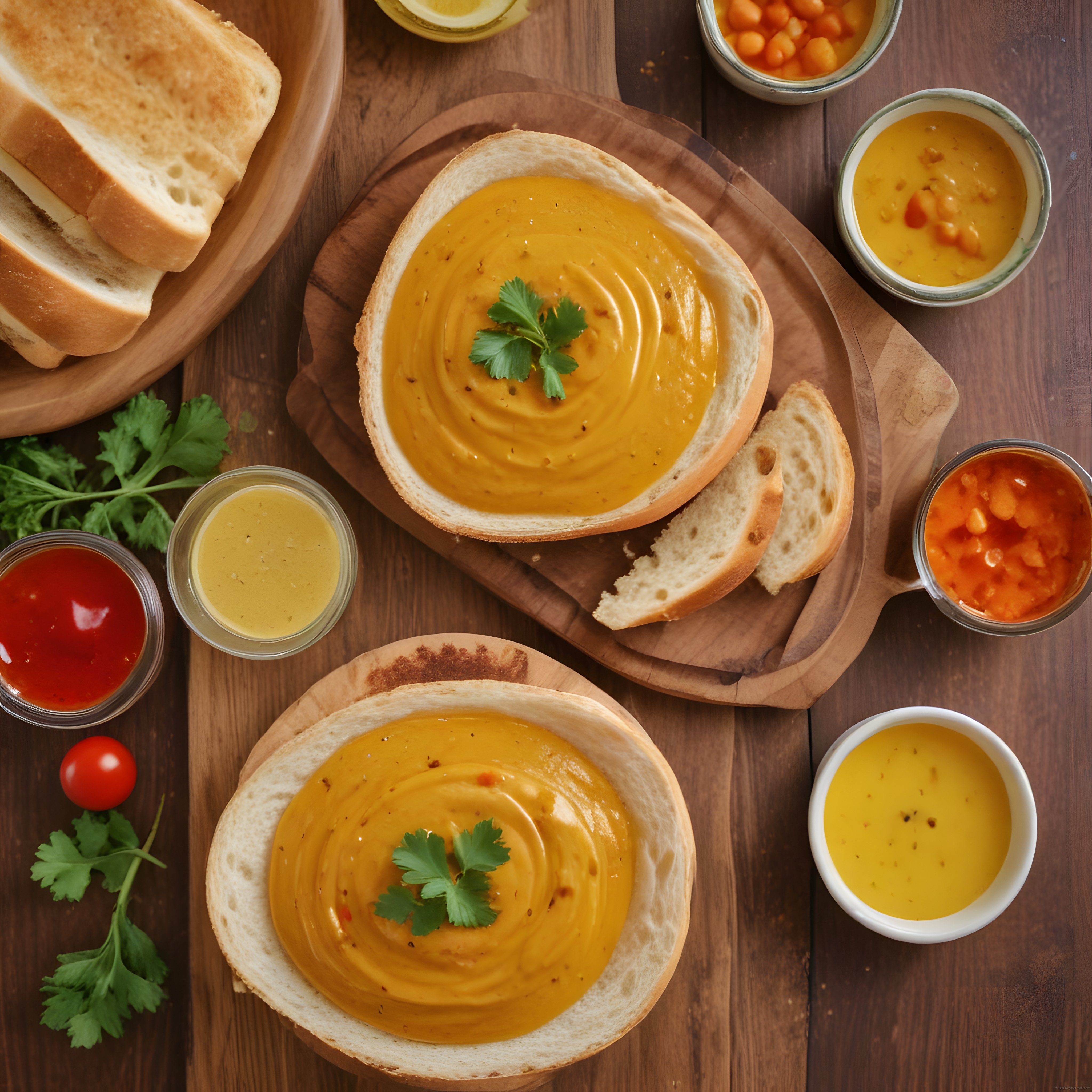 Ekmek Kasesinde Sunulan Kremalı Mercimek Çorbası ve Ev Yapımı Soslar