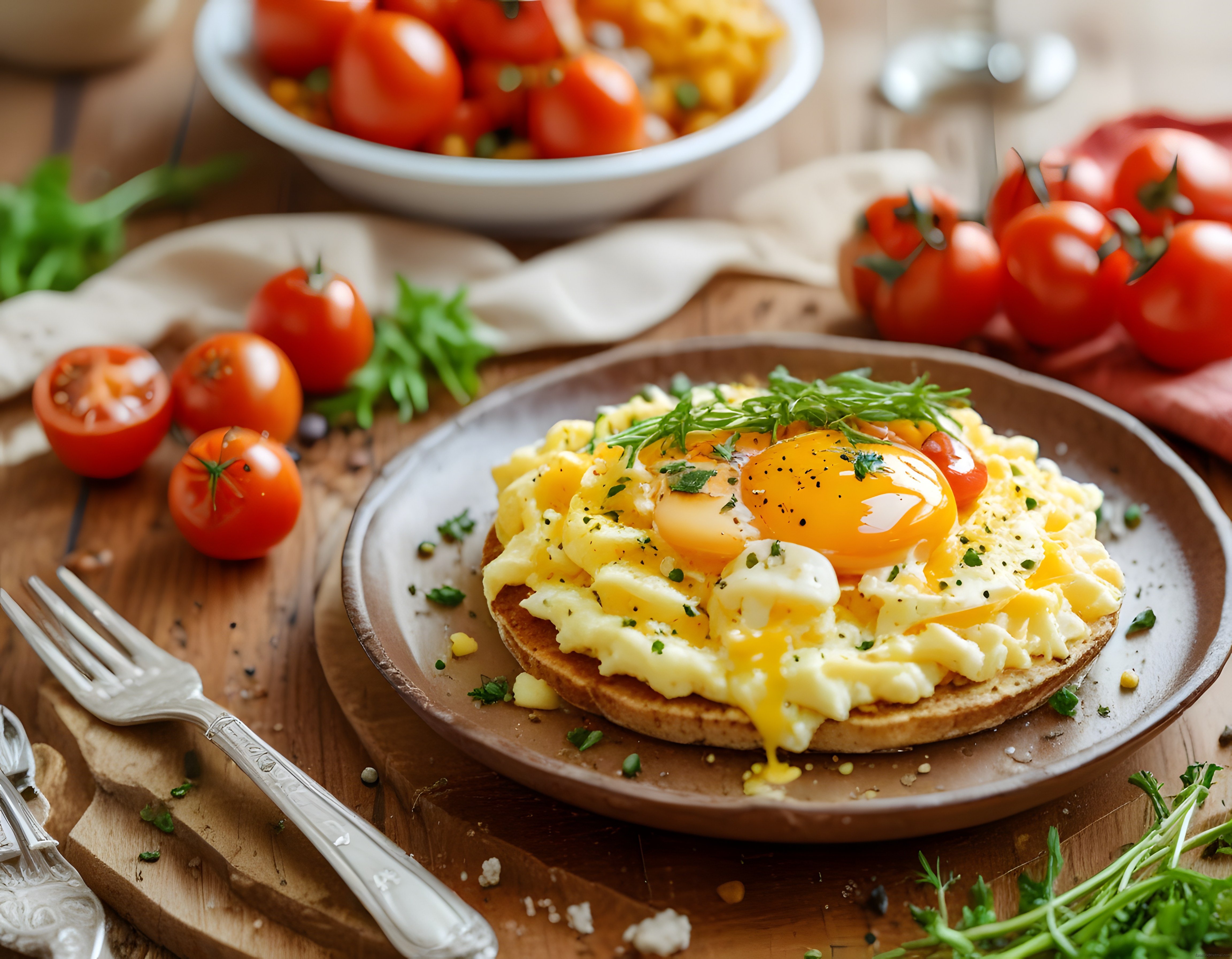 Ekmek üzerinde tereyağlı yumurta ve domateslerle rustik kahvaltı masası