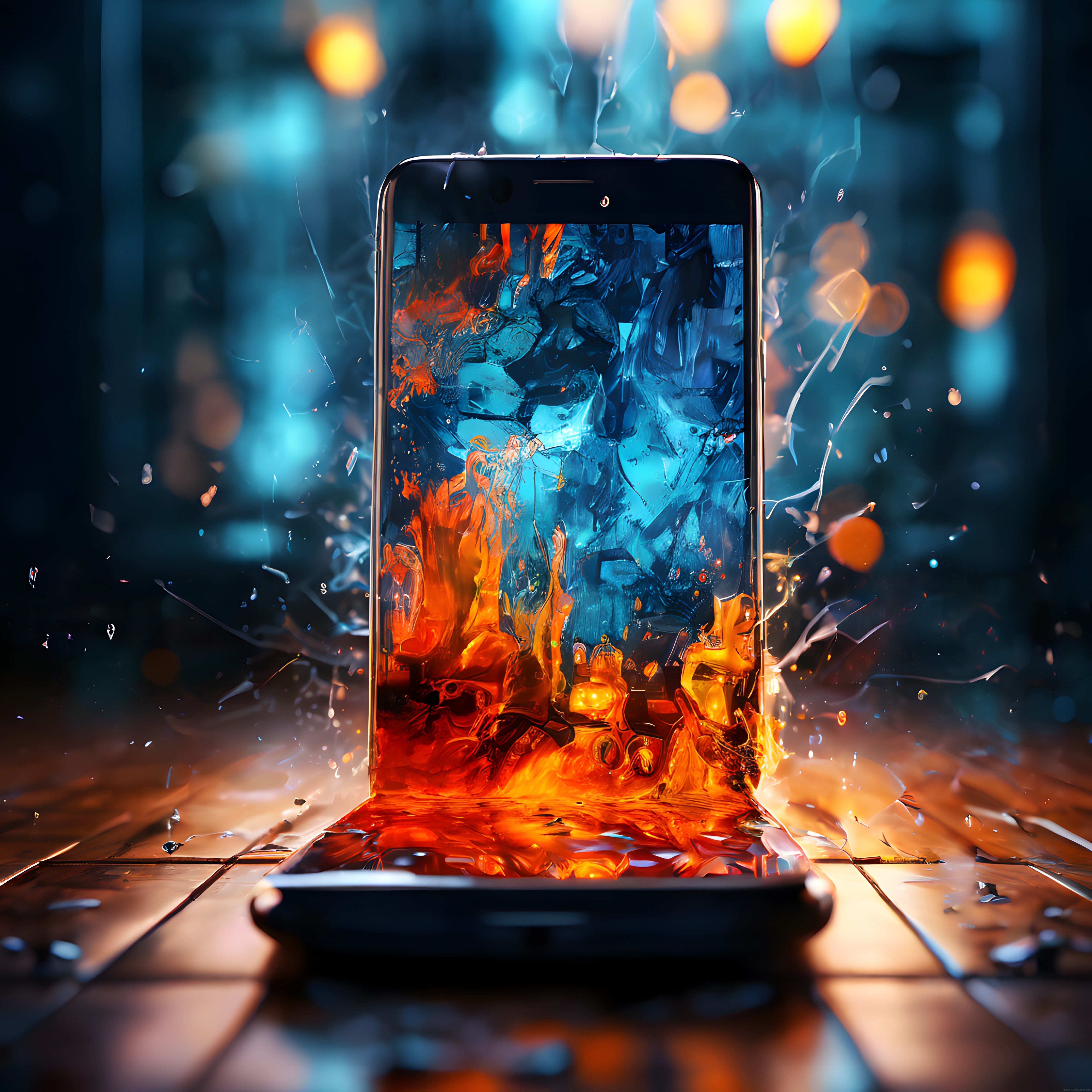 Ekranından Alevler Fışkıran Akıllı Telefon Konsept Dijital Sanat Tasarımı