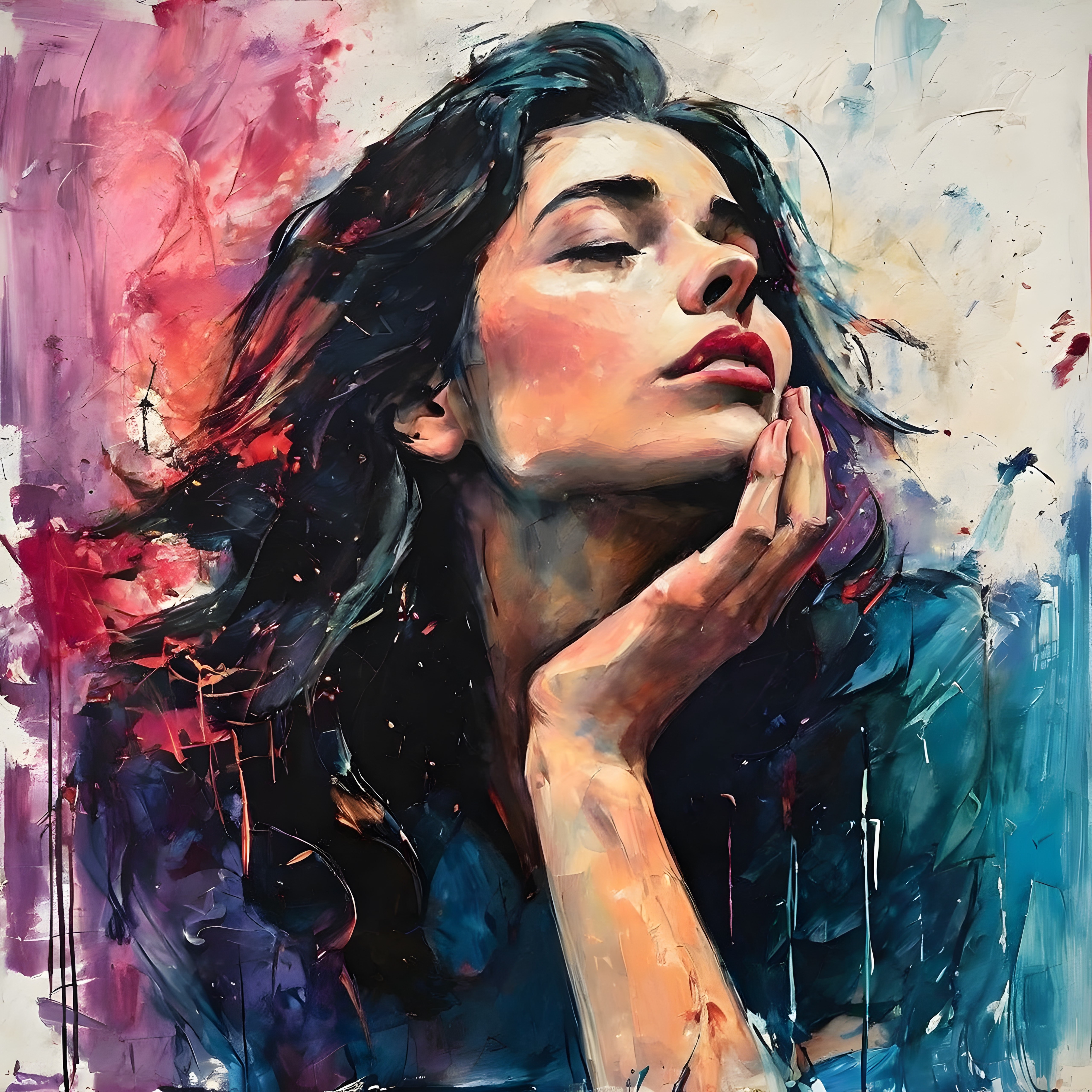 Ekspresyonist yağlı boya dokulu kadın portresi duygusal renkli sanat