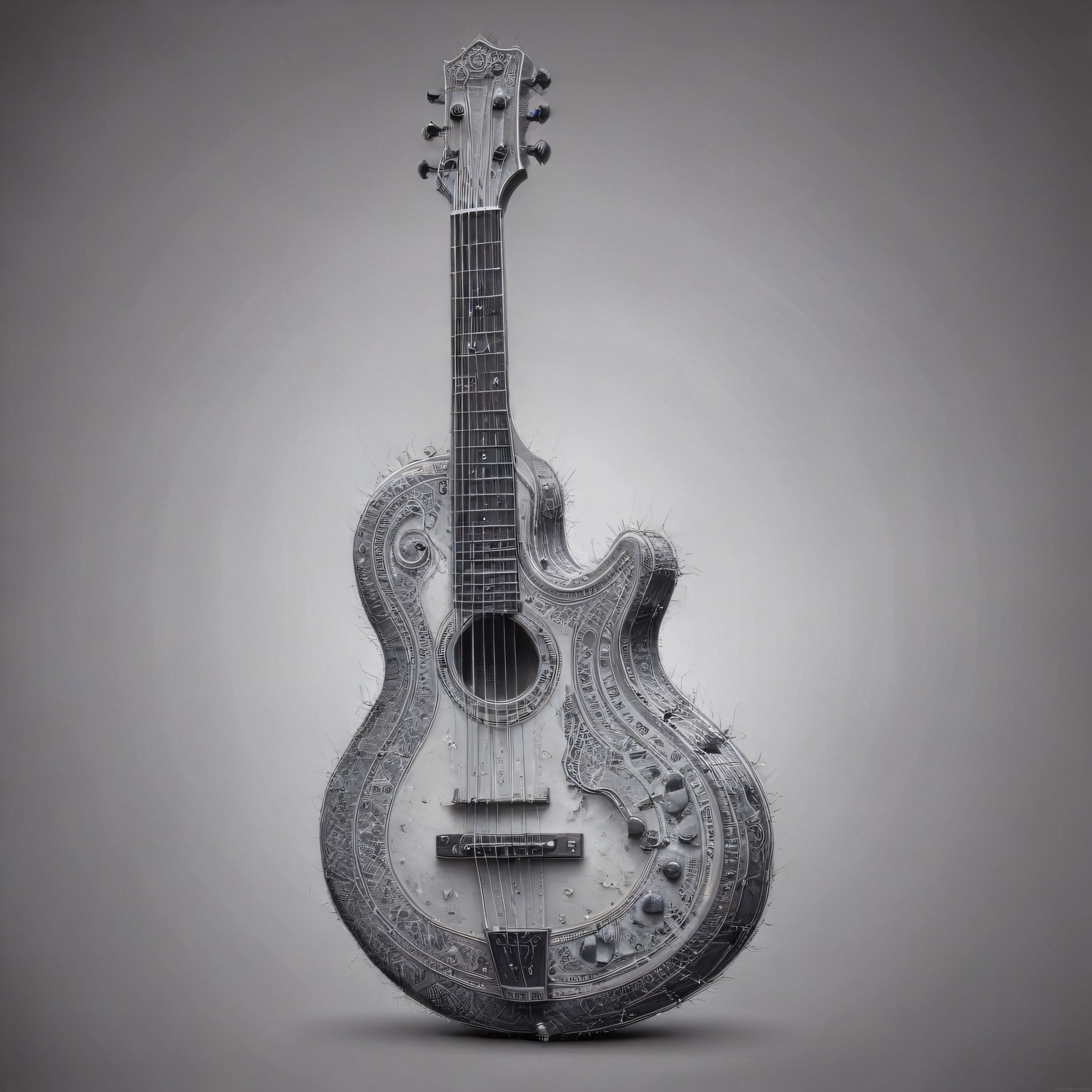 El İşlemesi Detaylarıyla Süslü Akustik Gitarın Sanatsal Gri Tonlamalı Çekimi