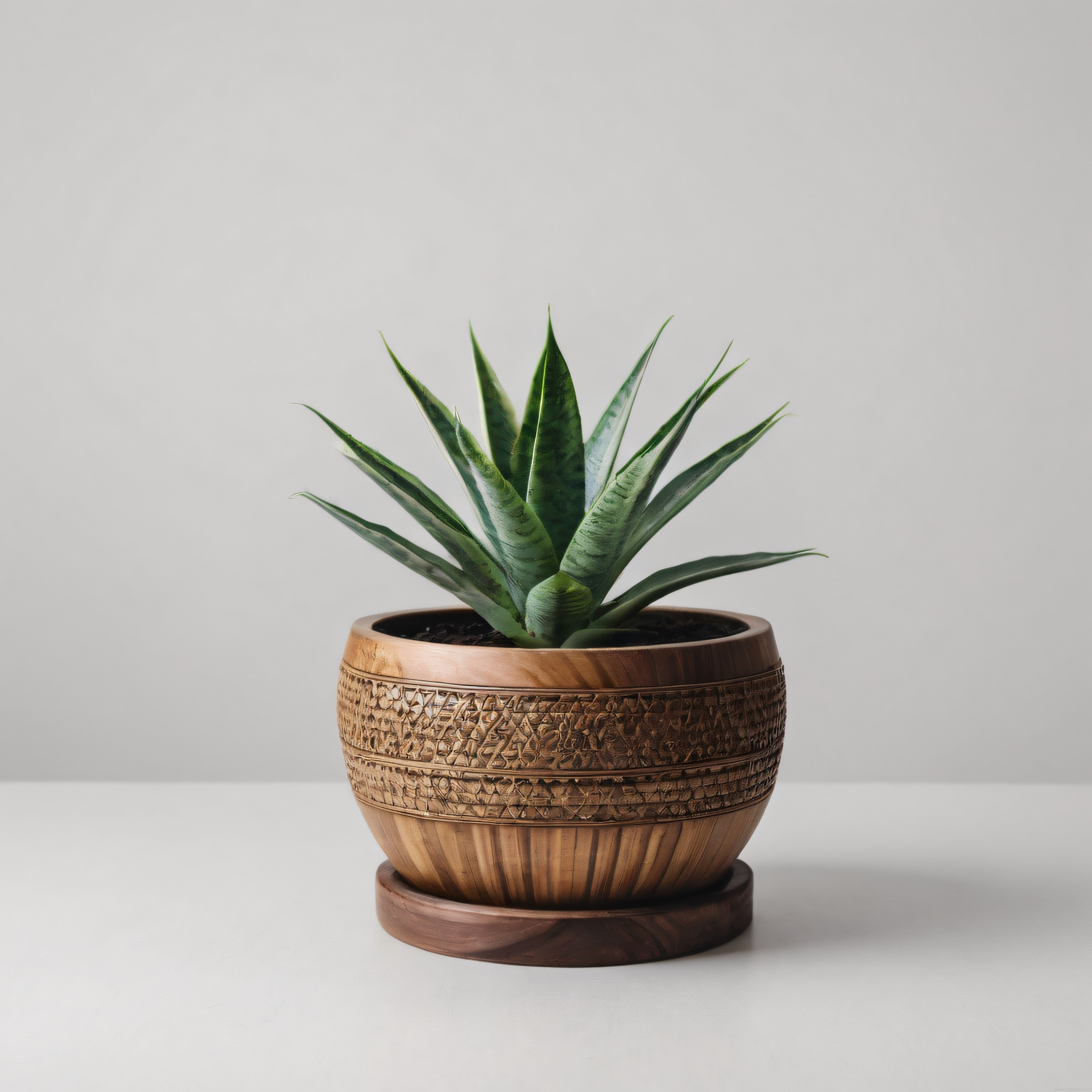 El Oyması Ahşap Saksıda Sansevieria ile Sade ve Modern Bir Dekorasyon