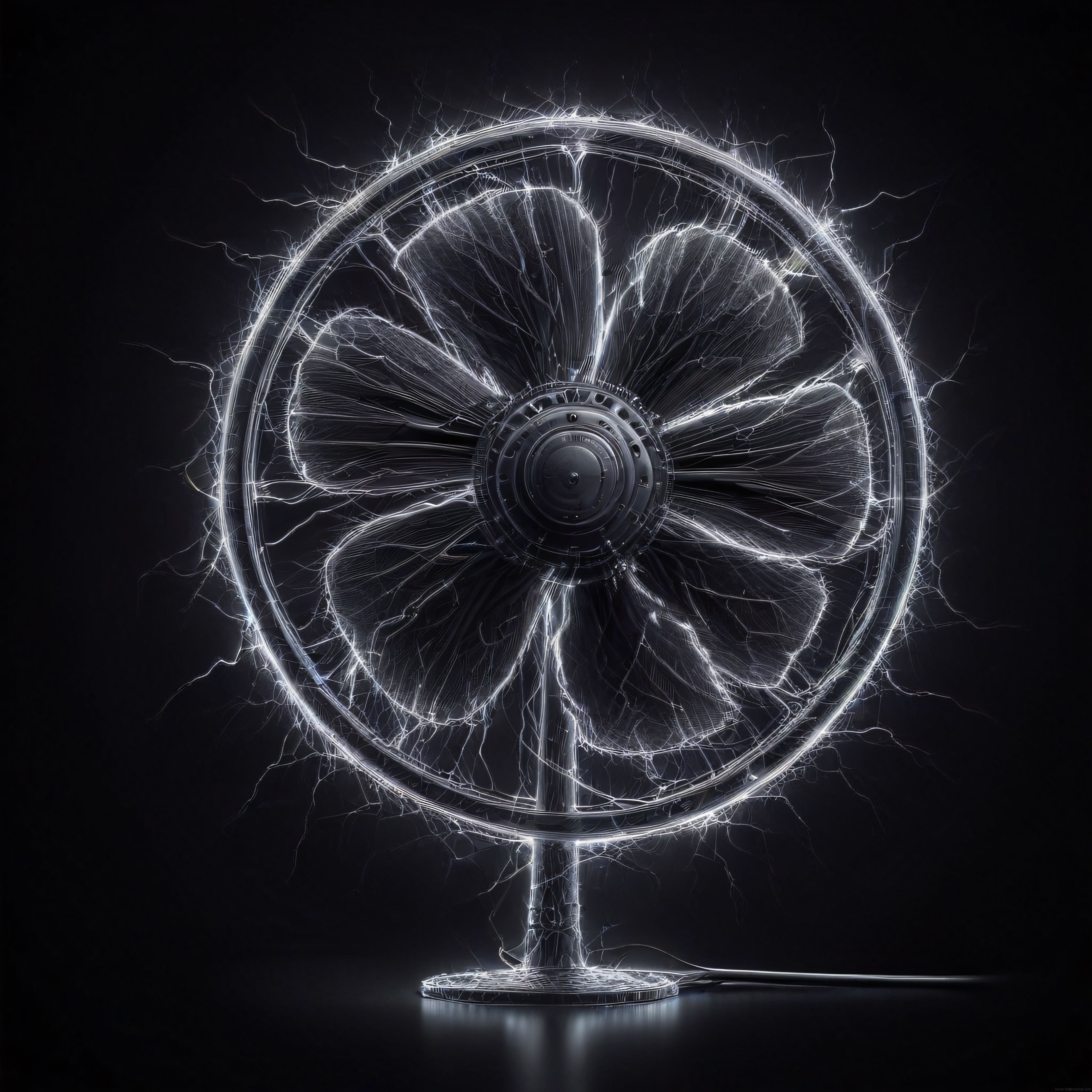 Elektrik Arkı ve Plazma Efektleriyle Süslenmiş Siyah Metal Fan Sanatı