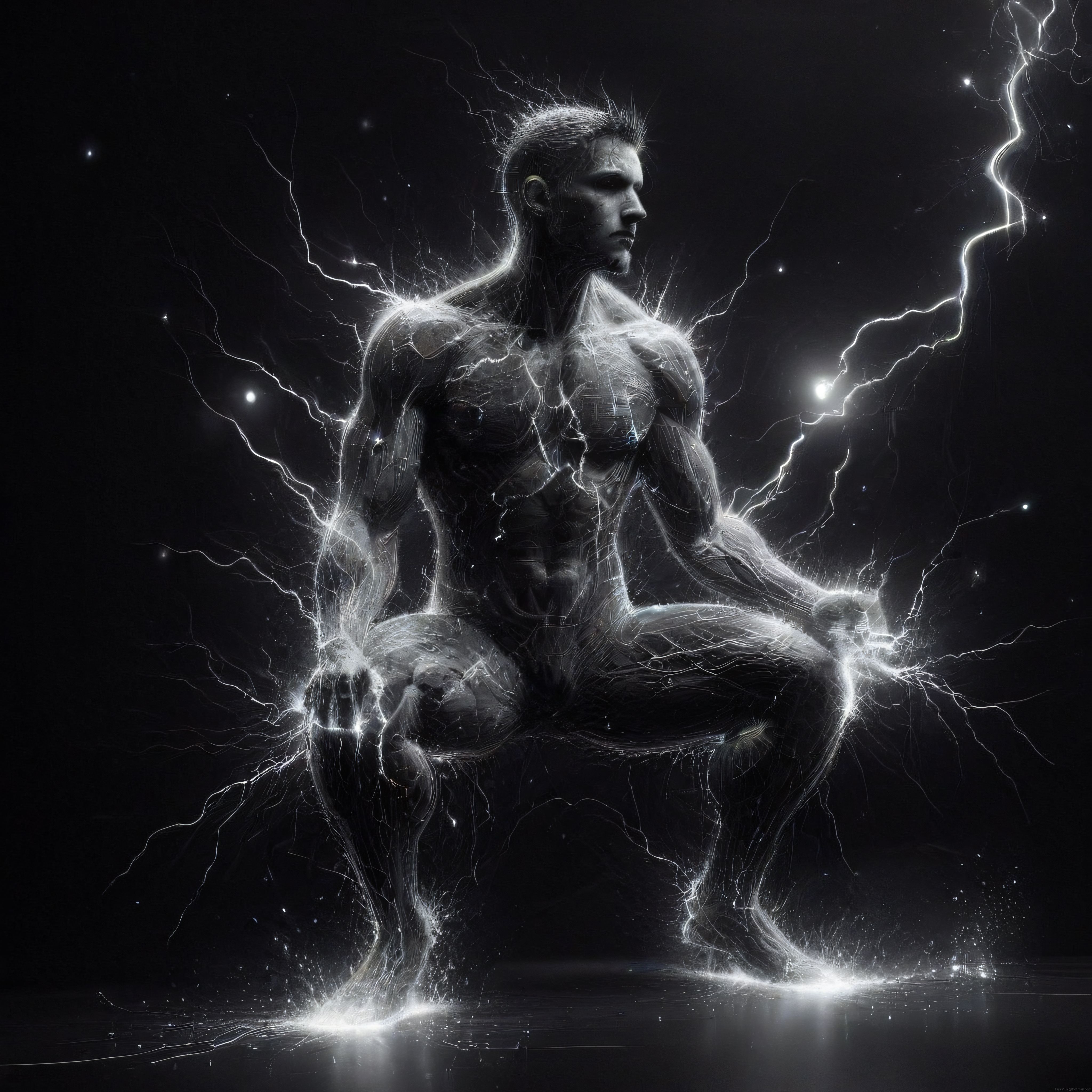 Elektrik Çizgileriyle Oluşturulmuş Meditasyon Yapan Adam Dijital Sanatı