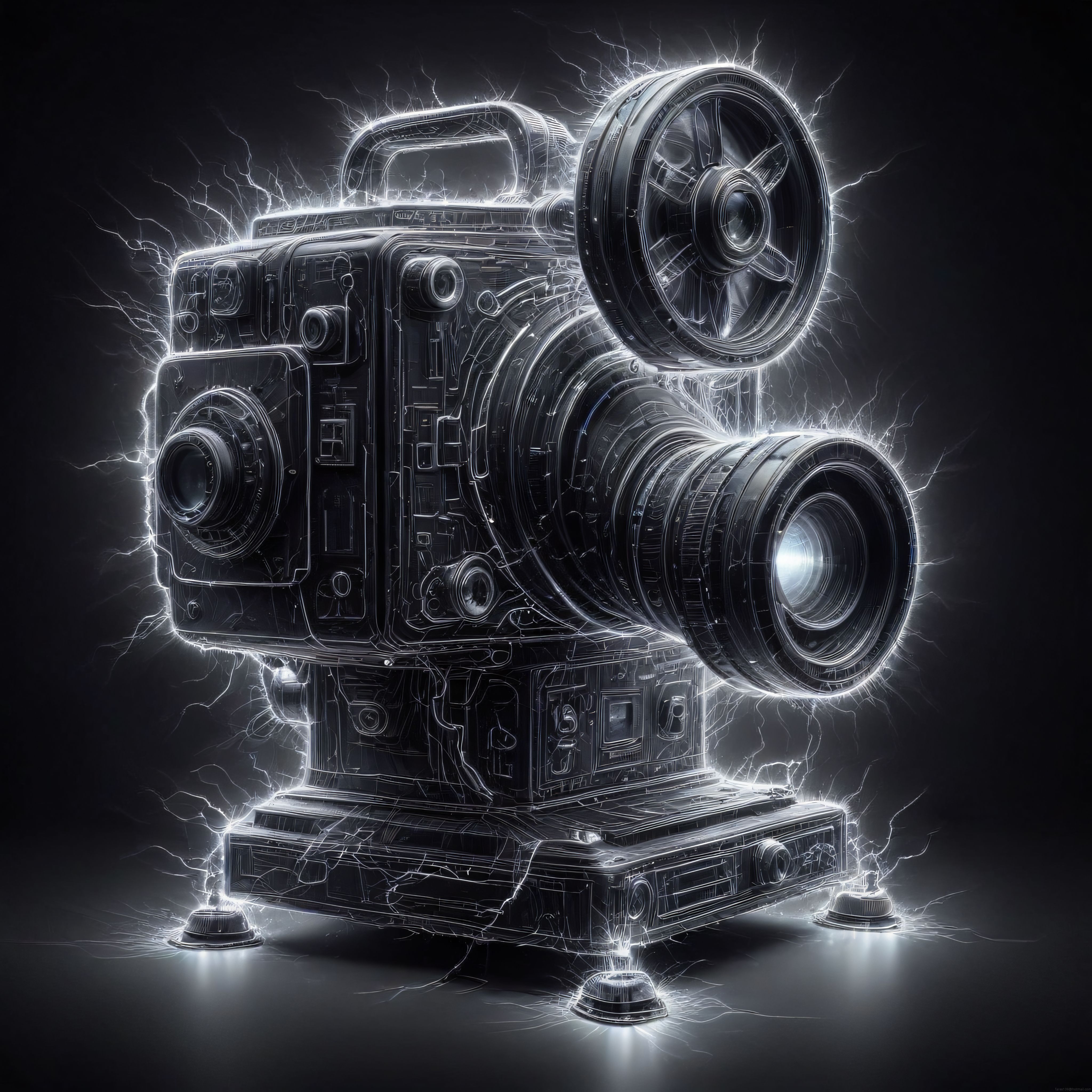 Elektrik çizgileriyle oluşturulmuş retro film kamerası dijital sanat eseri