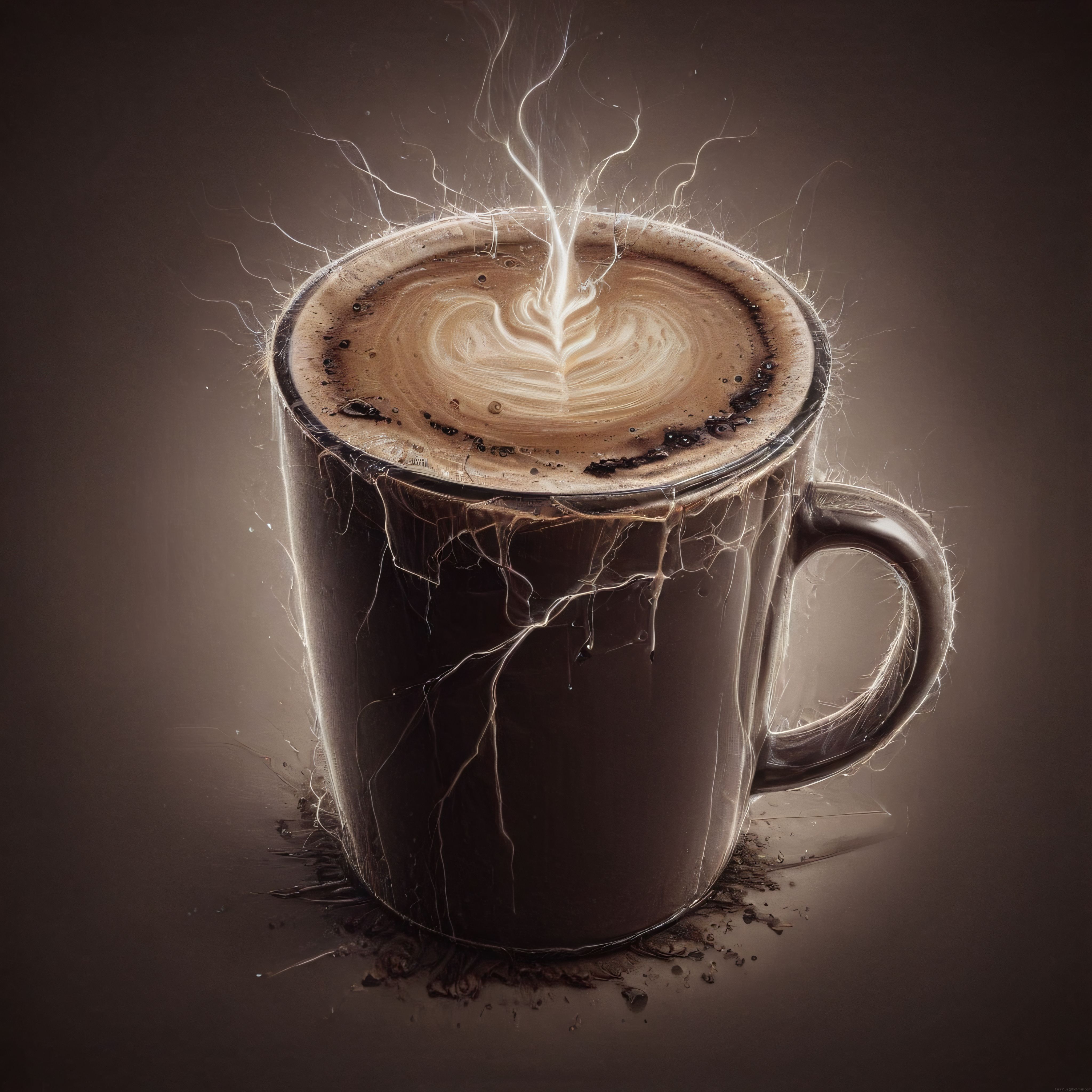 Elektrik Efektleriyle Çevrili Kahve ve Sanatsal Latte Art Deseni