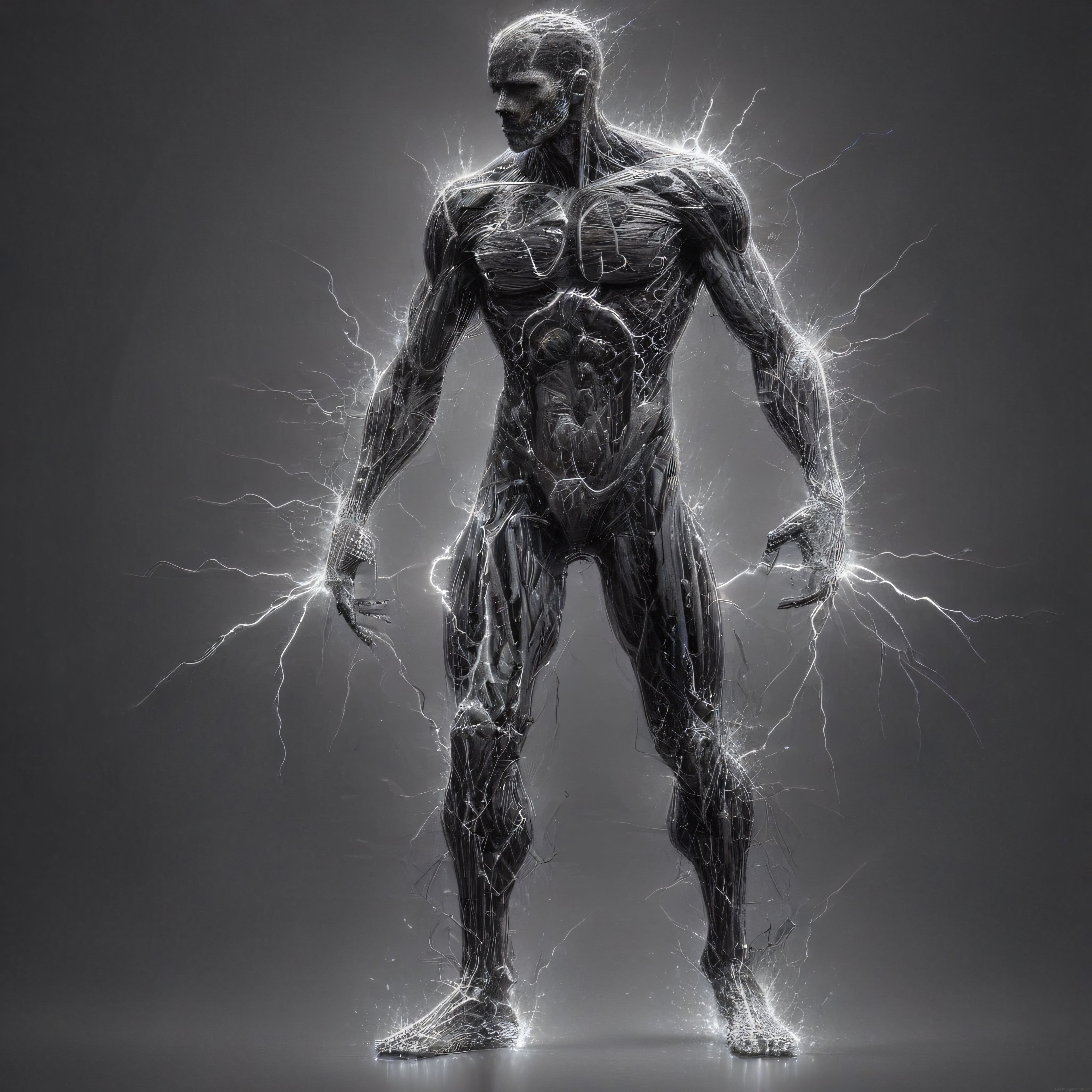 Elektrik Enerjisiyle Çevrili Kaslı Figür: Siyah Beyaz Dijital Sanat Eseri