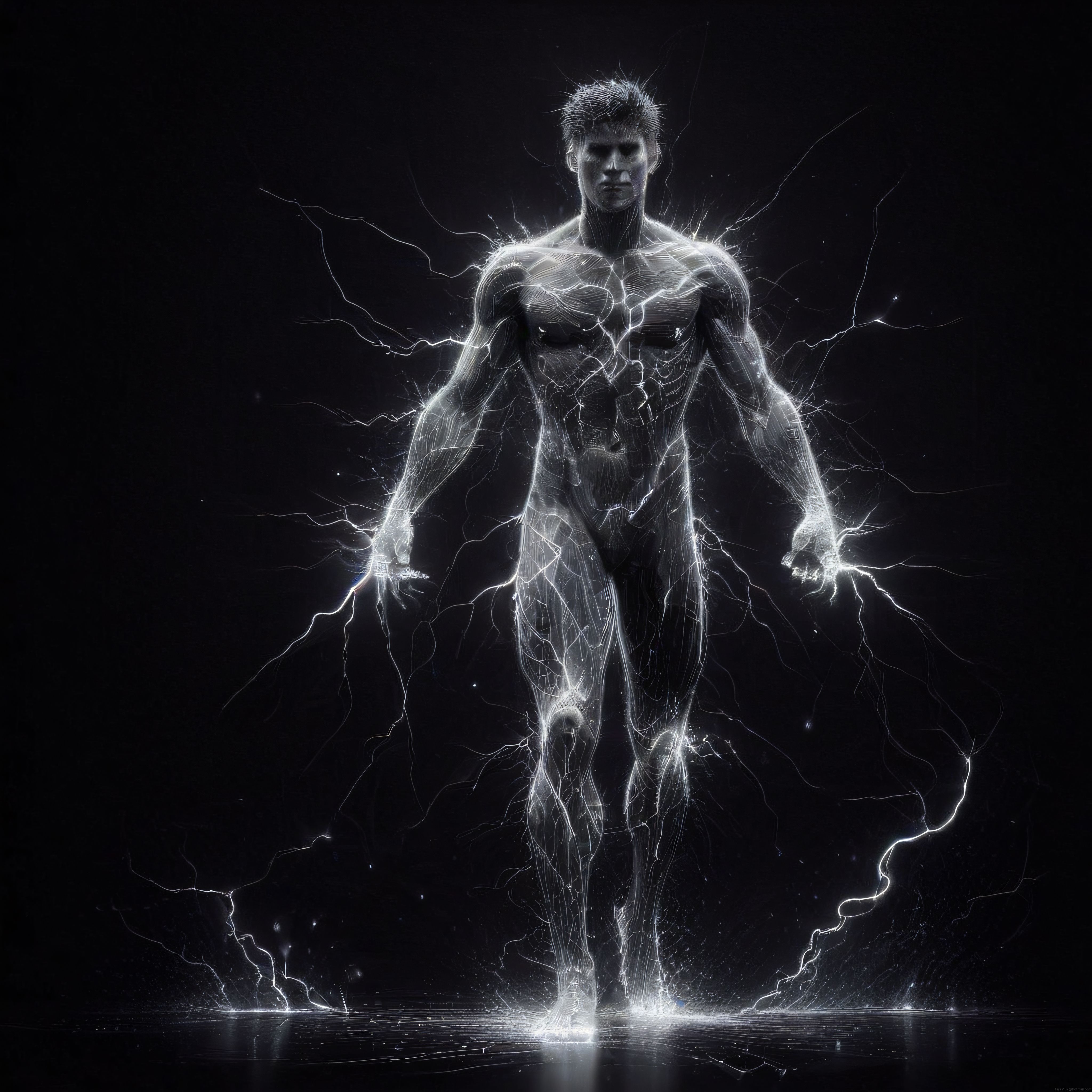 Elektrik Enerjisiyle Oluşan İnsan Figürlü Siyah Beyaz Dijital Sanat