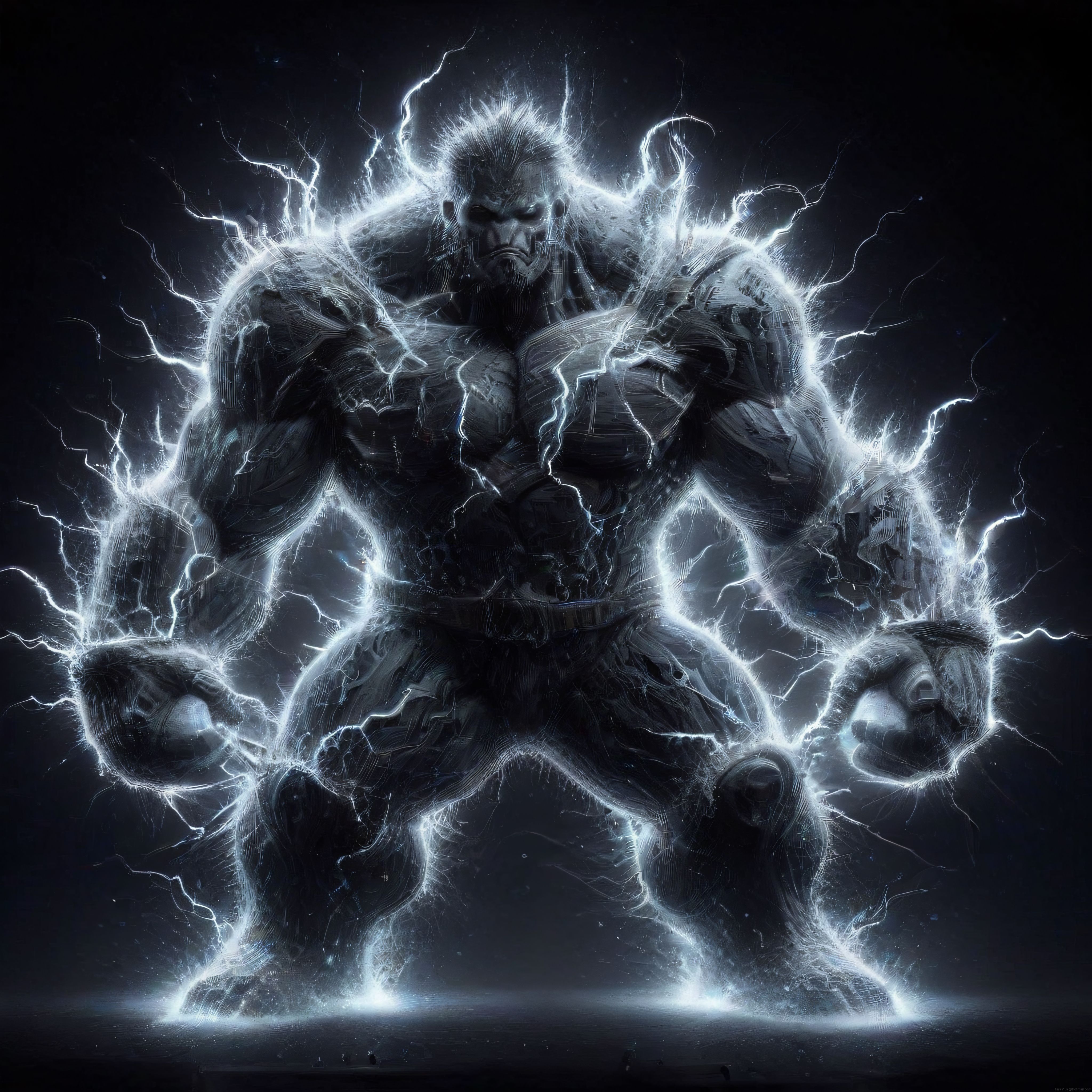 Elektrik ve Yıldırım Enerjisiyle Çevrili Kaslı Kötü Karakter Dijital Sanat