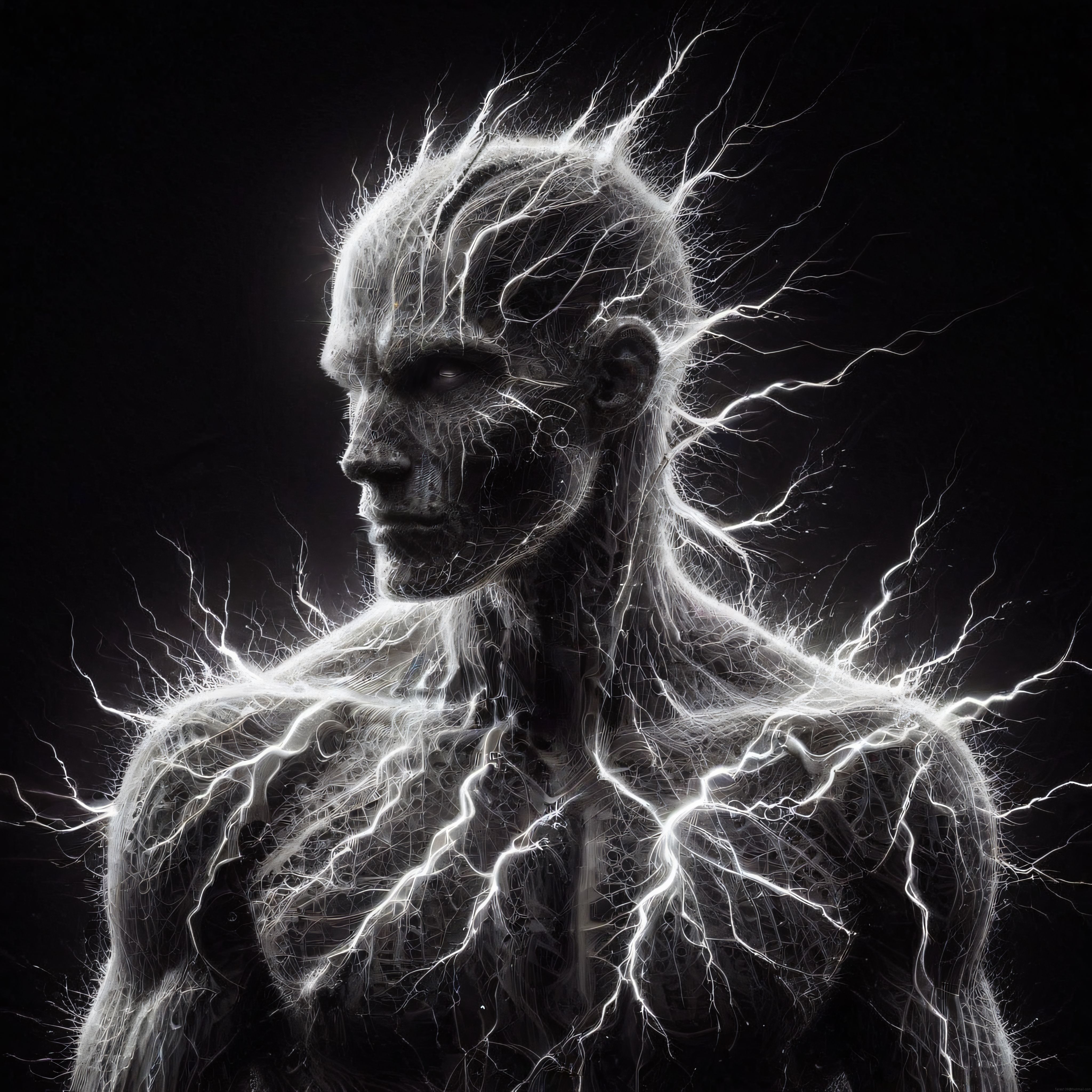 Elektrik Yayan Adam: Siyah Beyaz Dijital Sanat ve Fantastik Enerji Portresi
