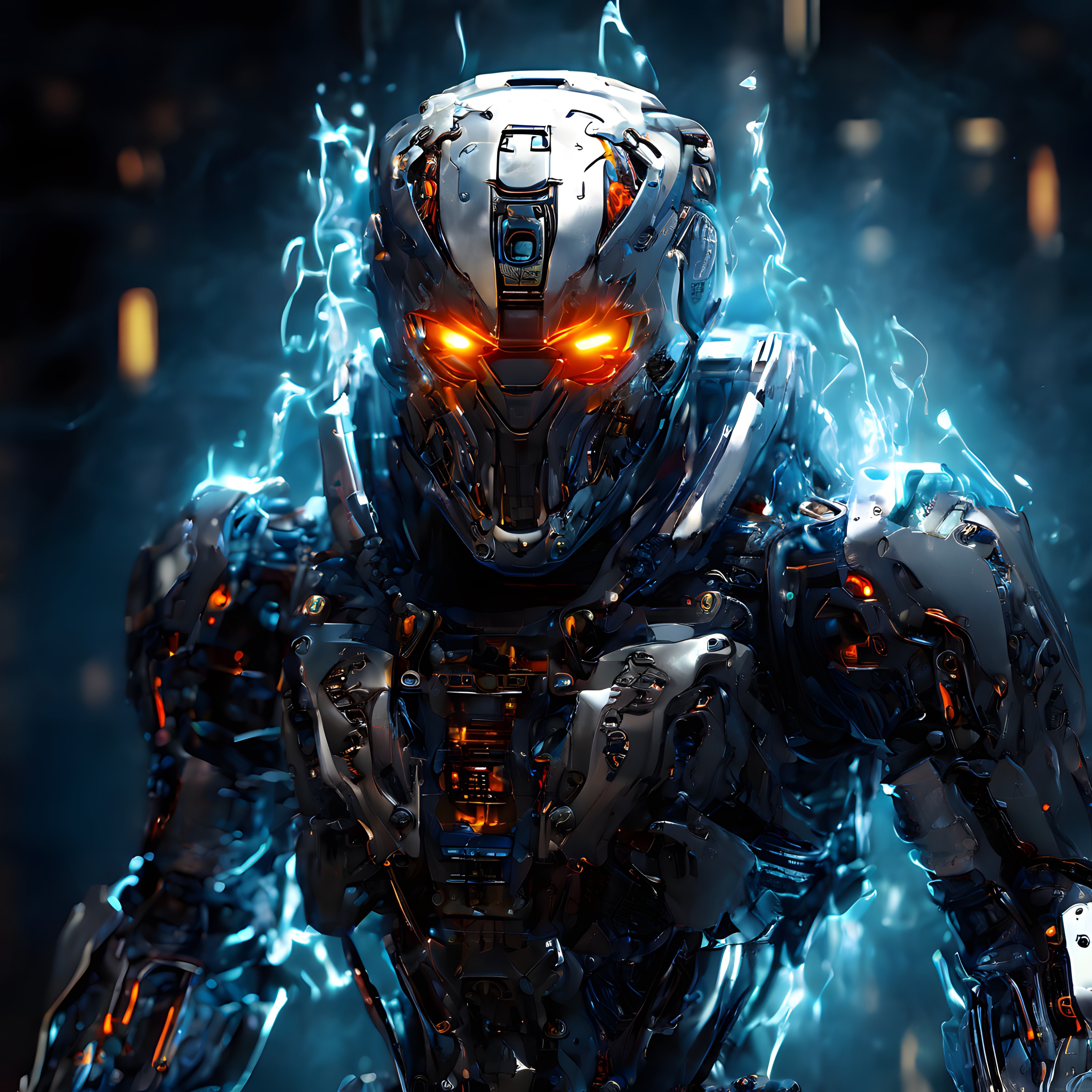 Elektrik Yayan Gümüş Robot Zırhı ve Alevli Gözleriyle Geleceğin Savaşçısı