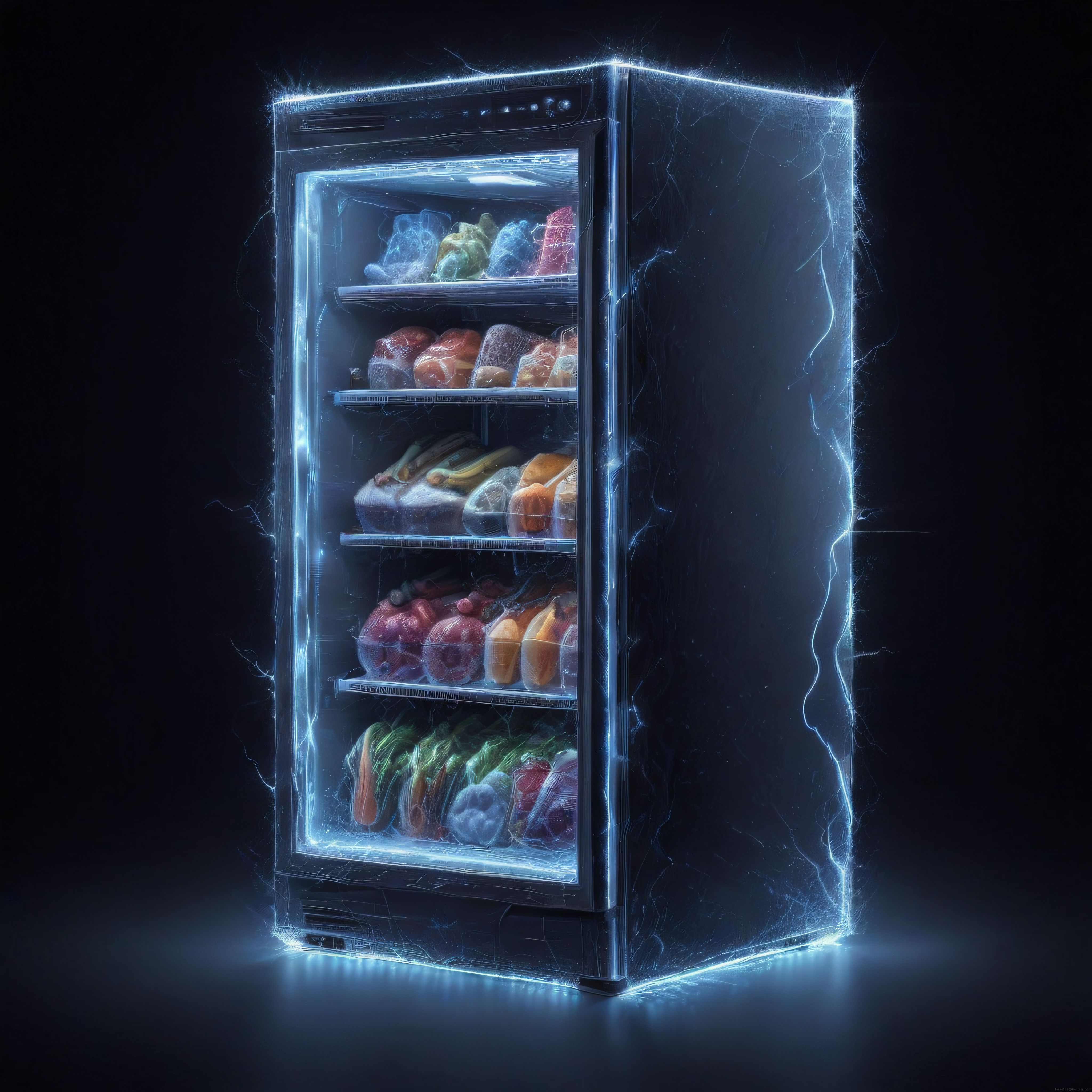 Elektrik Yayılan Neon Buzdolabı ve İçindeki Gıdaların Gizemli Sanatsal Tasviri