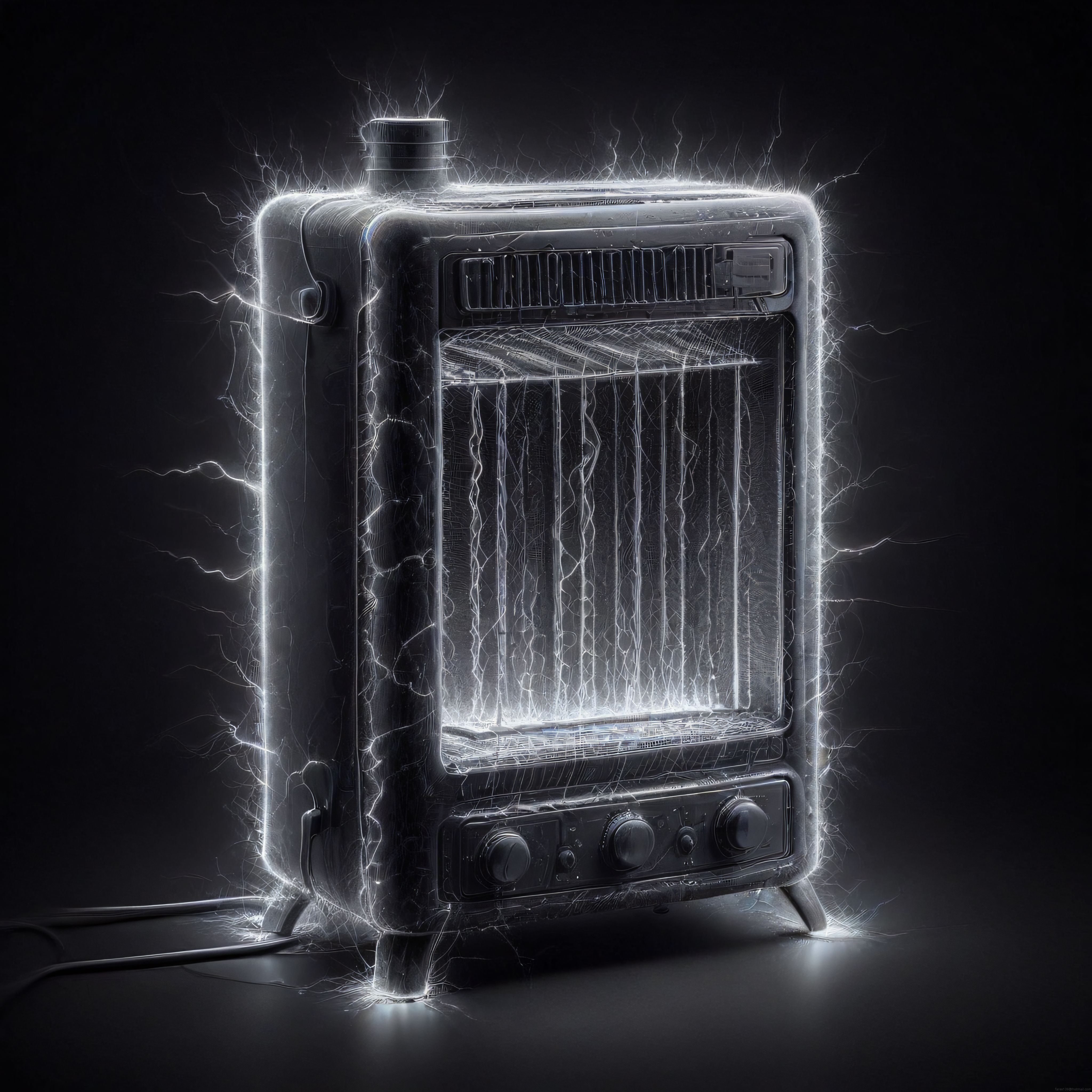 Elektrik Yayılan Vintage Radyo: Karanlık ve Sürreal Dijital Sanat Çalışması