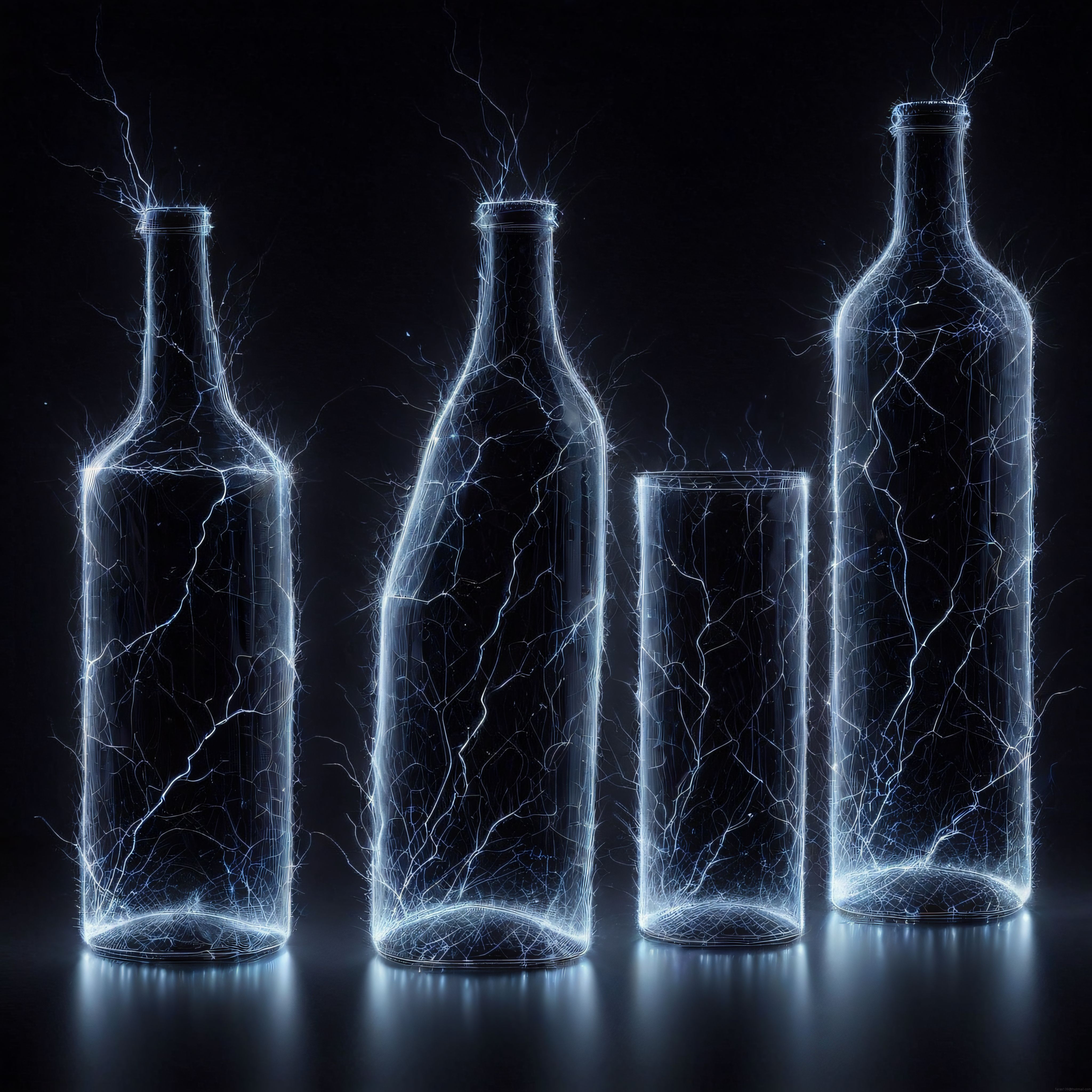 Elektrik Yıldırımlarıyla Çevrili Cam Şişeler ve Dijital Enerji Sanatı