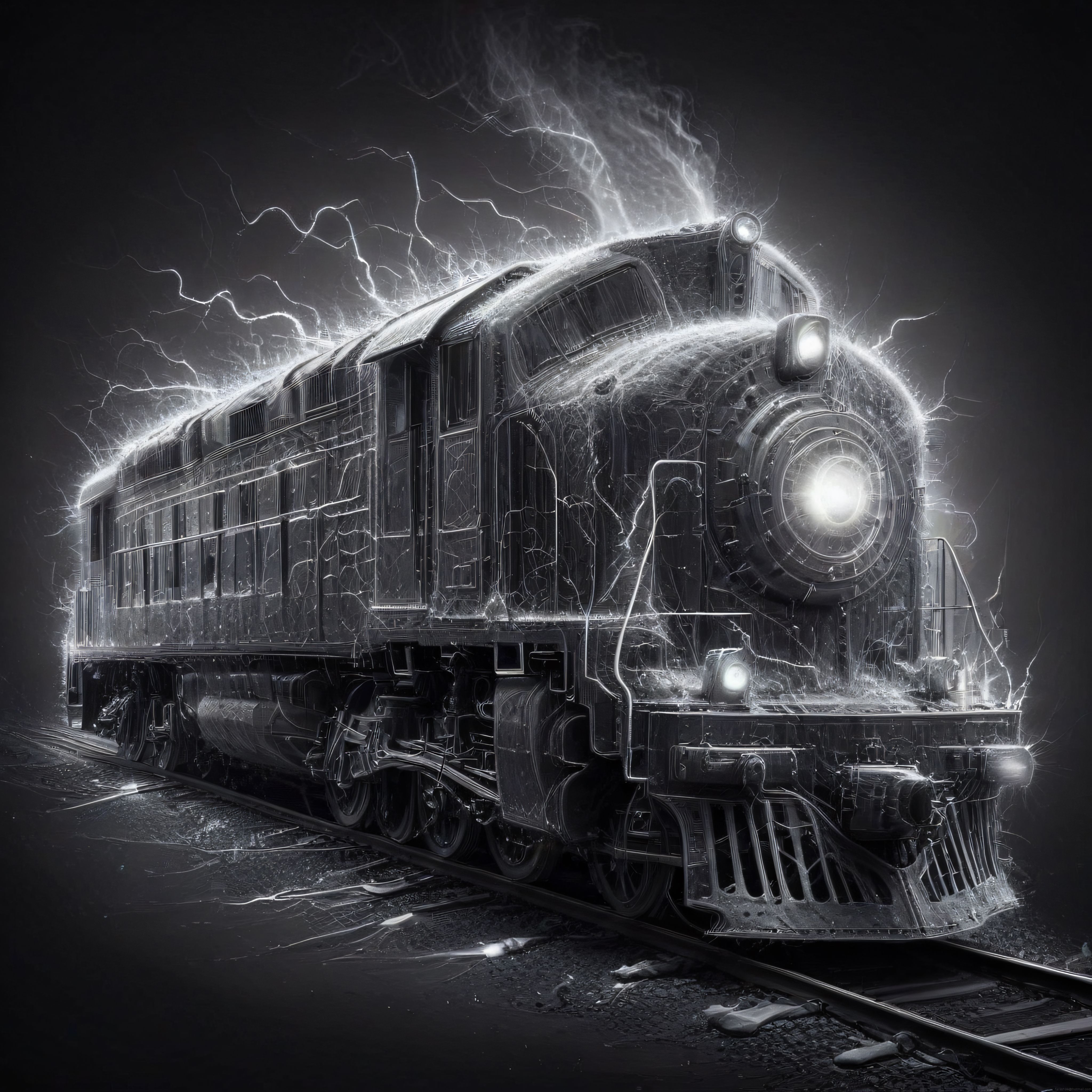 Elektrik Yıldırımlarıyla Çevrili Gizemli Buharlı Tren: Dijital Sanat Eseri