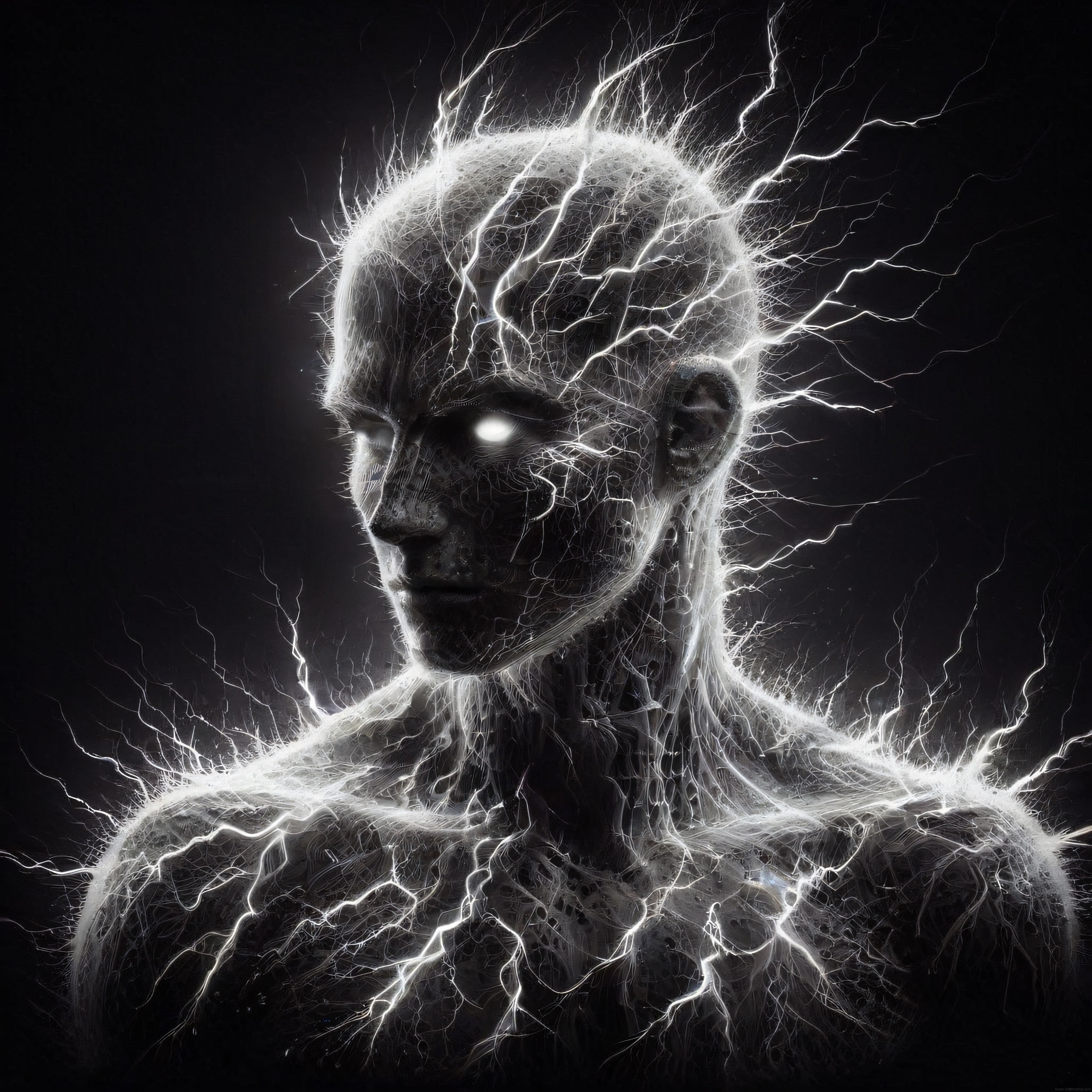 Elektrik Yıldırımlarıyla Kaplı Mistik İnsan Portresi ve Dijital Sanat