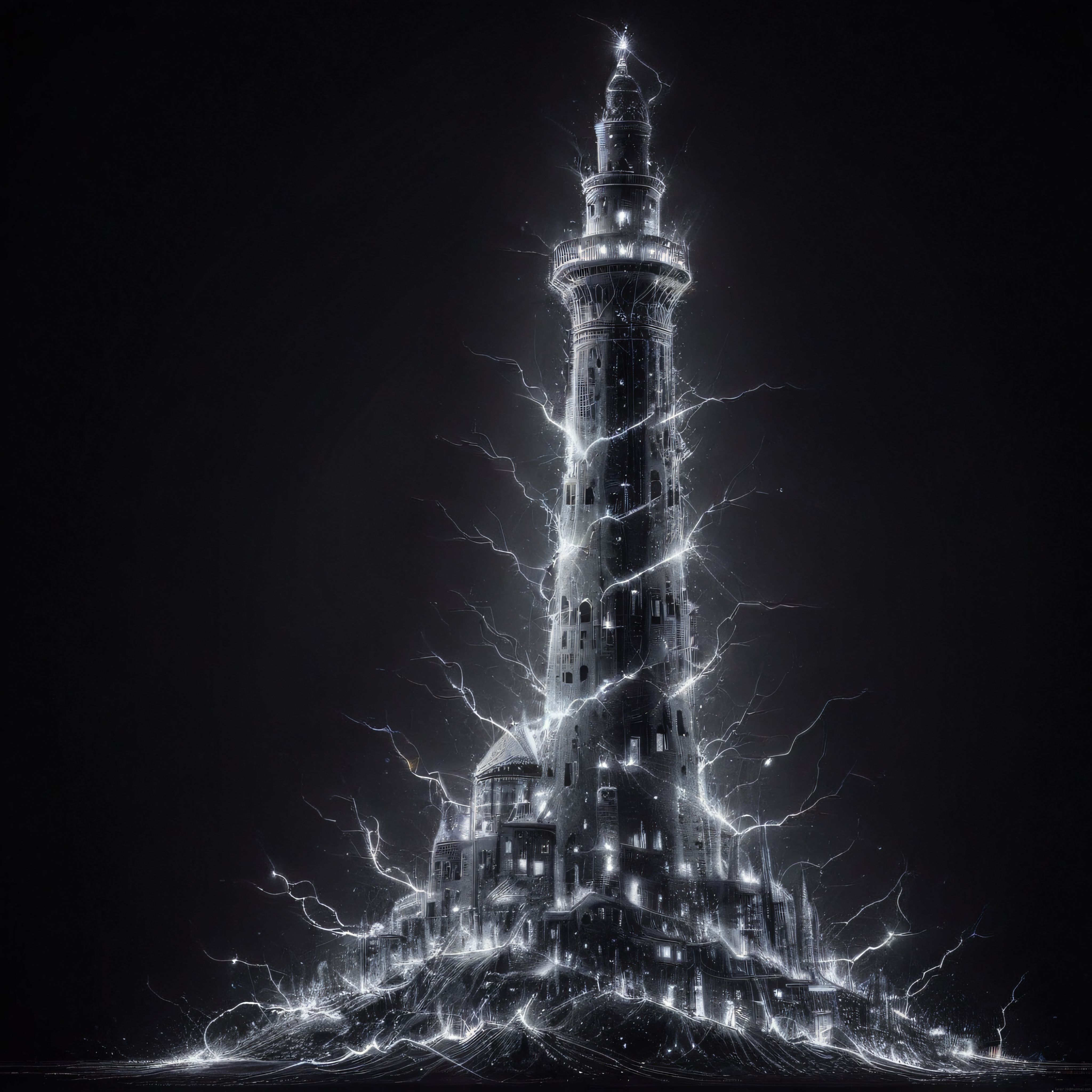 elektrik yıldırımlarıyla parlayan fantastik kule ve karanlık gotik atmosfer