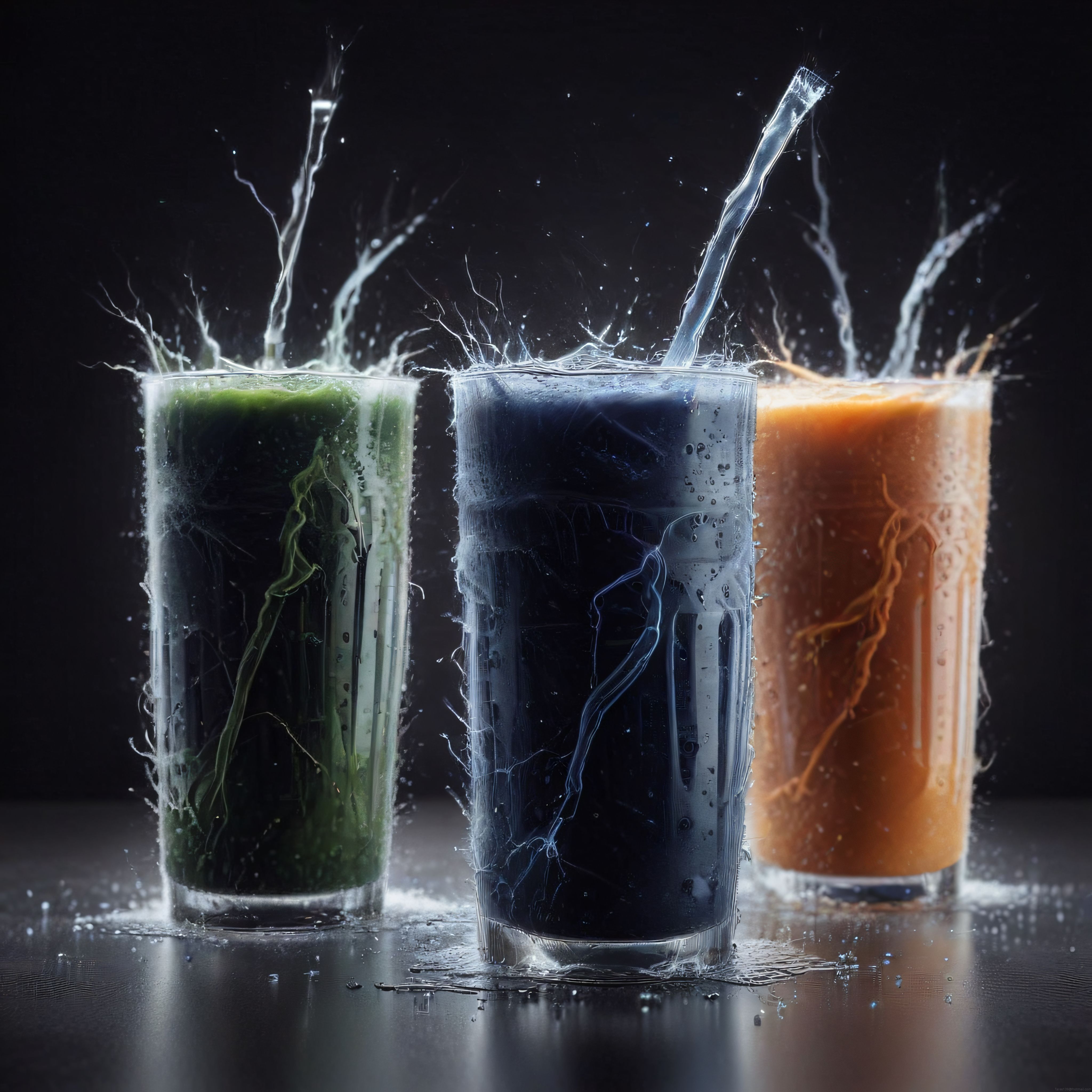Elektriklenmiş Üç Renkli Smoothie: Yeşil, Mor ve Turuncu Enerji Bardakları