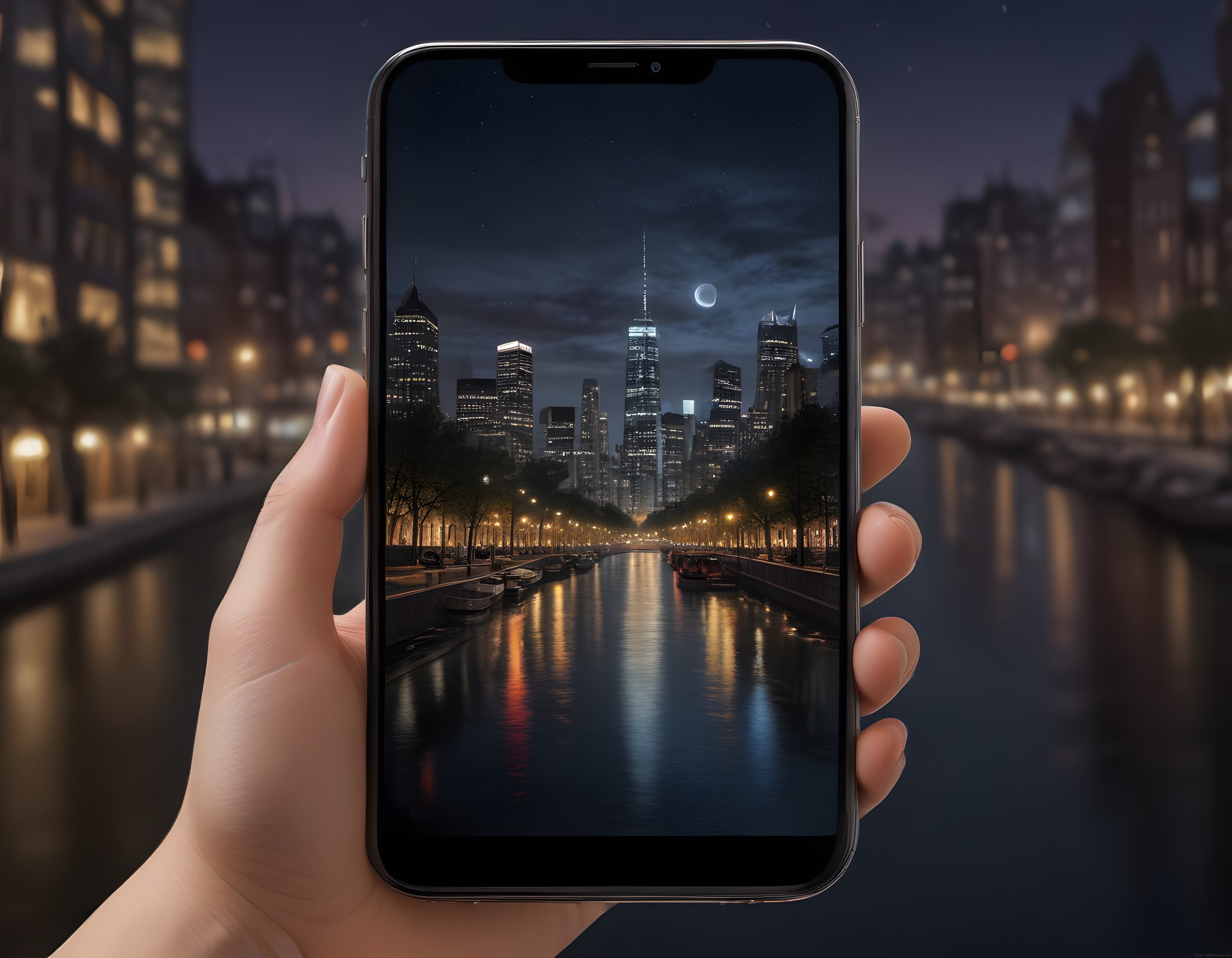 Elinde Akıllı Telefonla Gece Şehir Manzarası ve Gökdelen Fotoğrafı