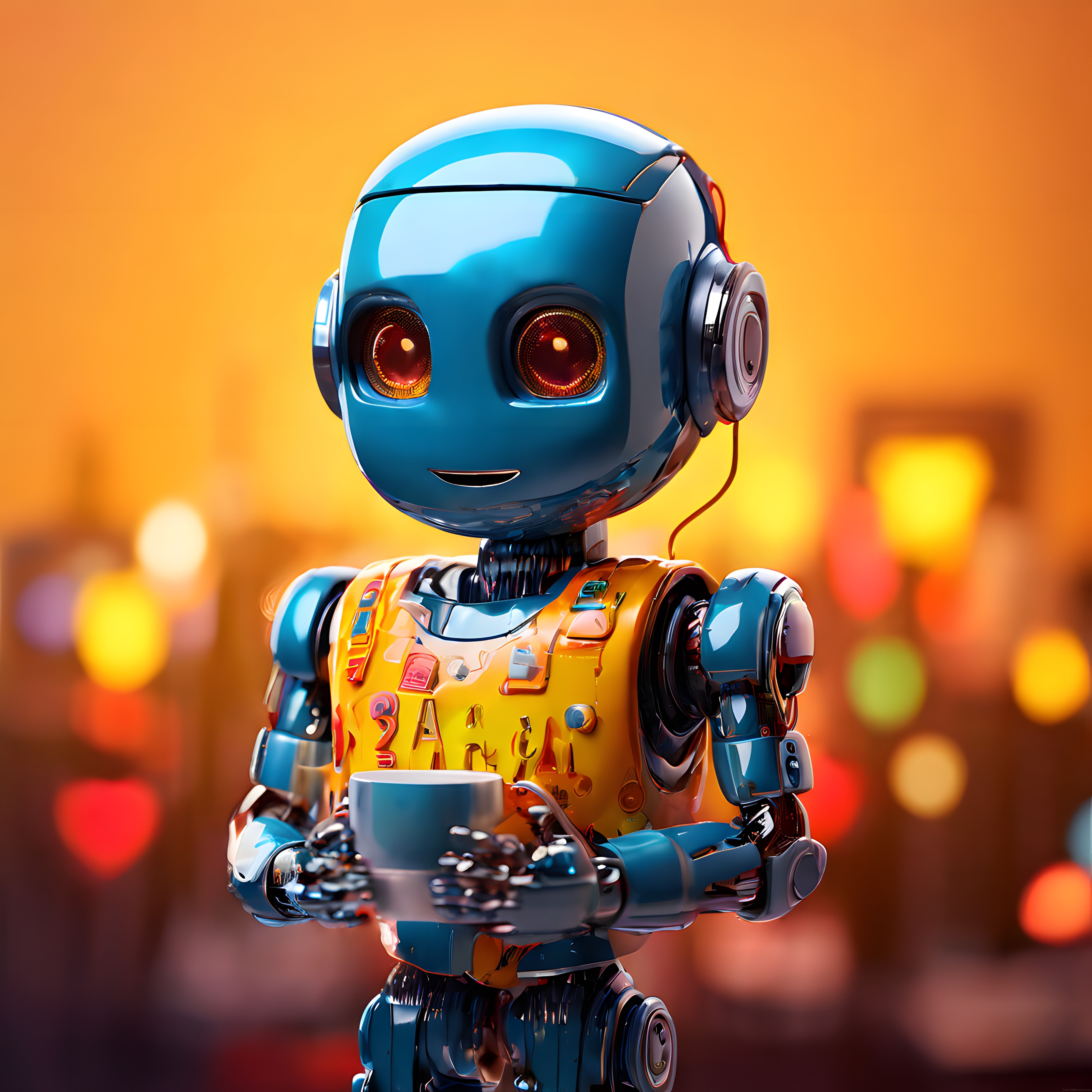 Elinde Kahve Fincanı Tutan Sevimli Mavi Robot ve Sıcak Neon Arka Plan