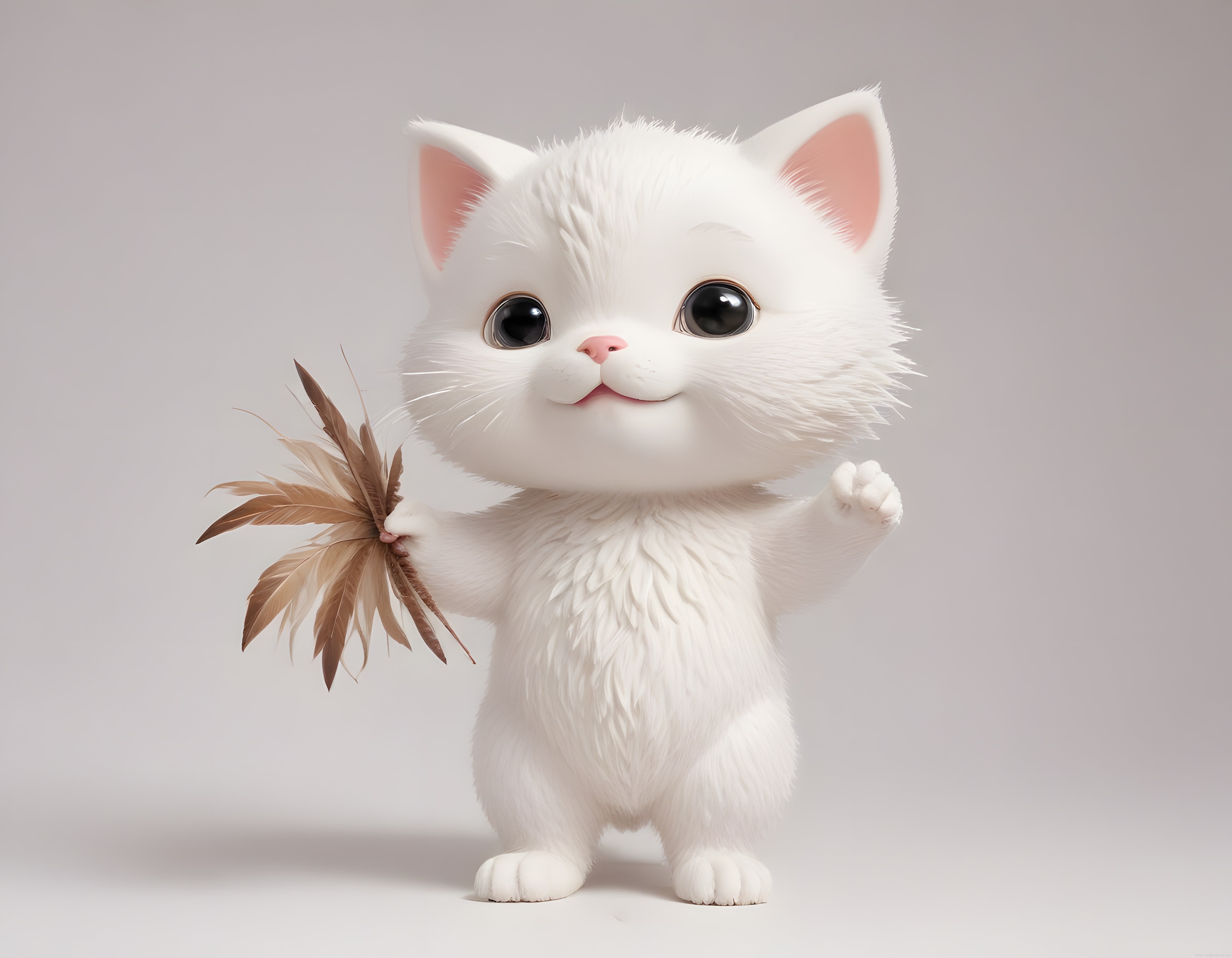 Elinde Ponpon Tüyler Tutarak Gülümseyen Sevimli Beyaz 3D Kedi Yavrusu