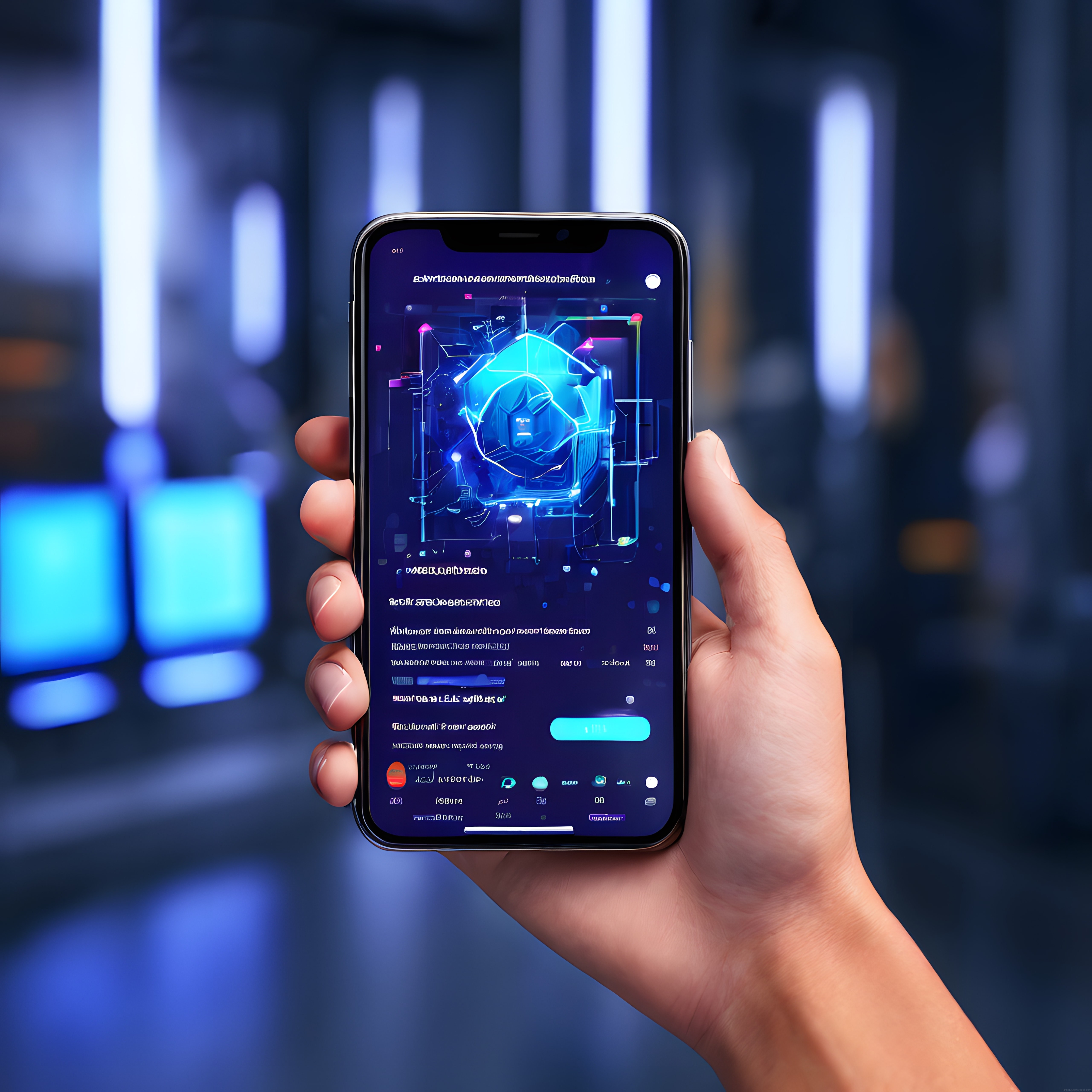 Elindeki Akıllı Telefonda Neon Mavi Futuristik Uygulama Arayüzü