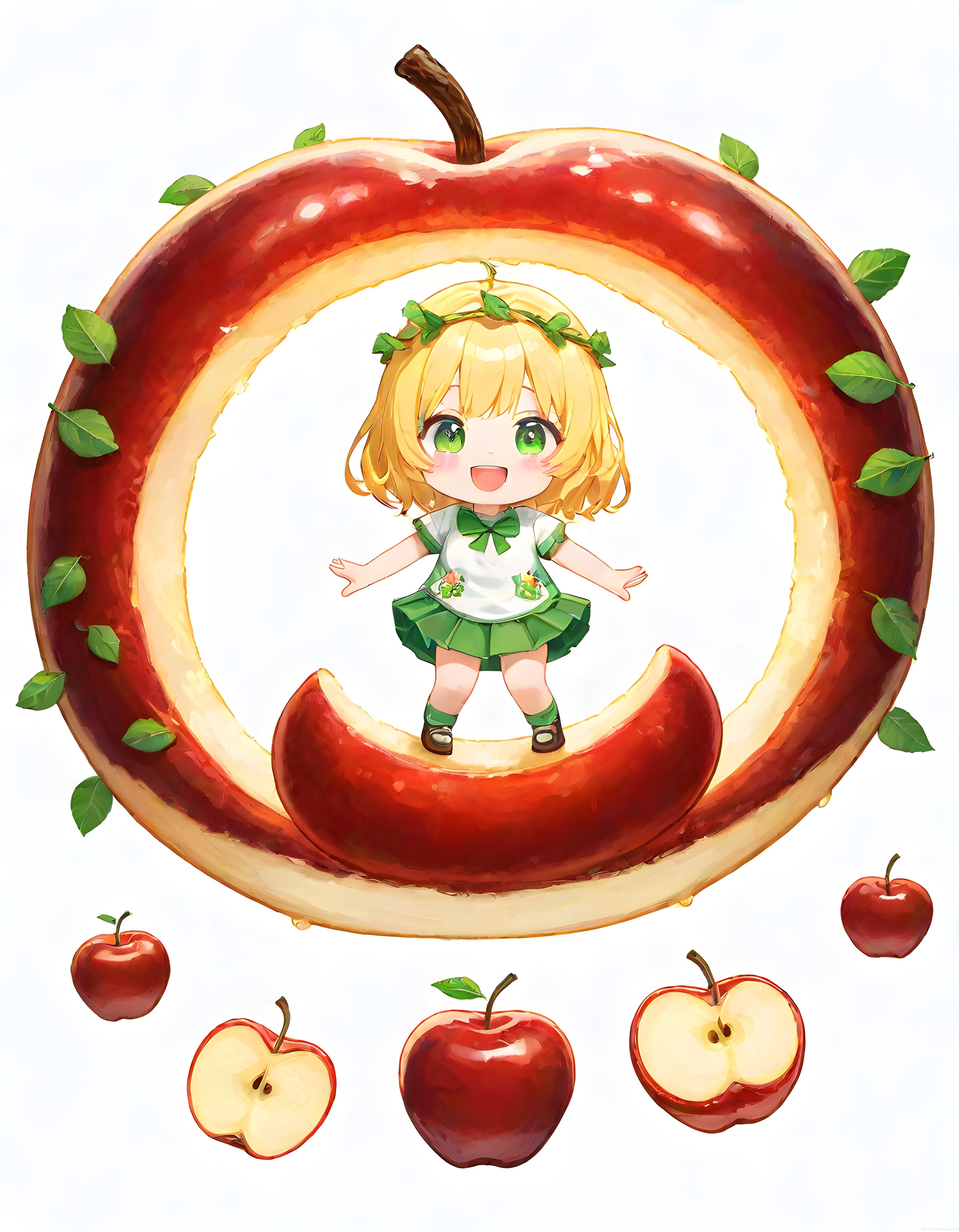 Elma Diliminin Ortasında Neşeyle Duran Sarı Saçlı Chibi Anime Kız