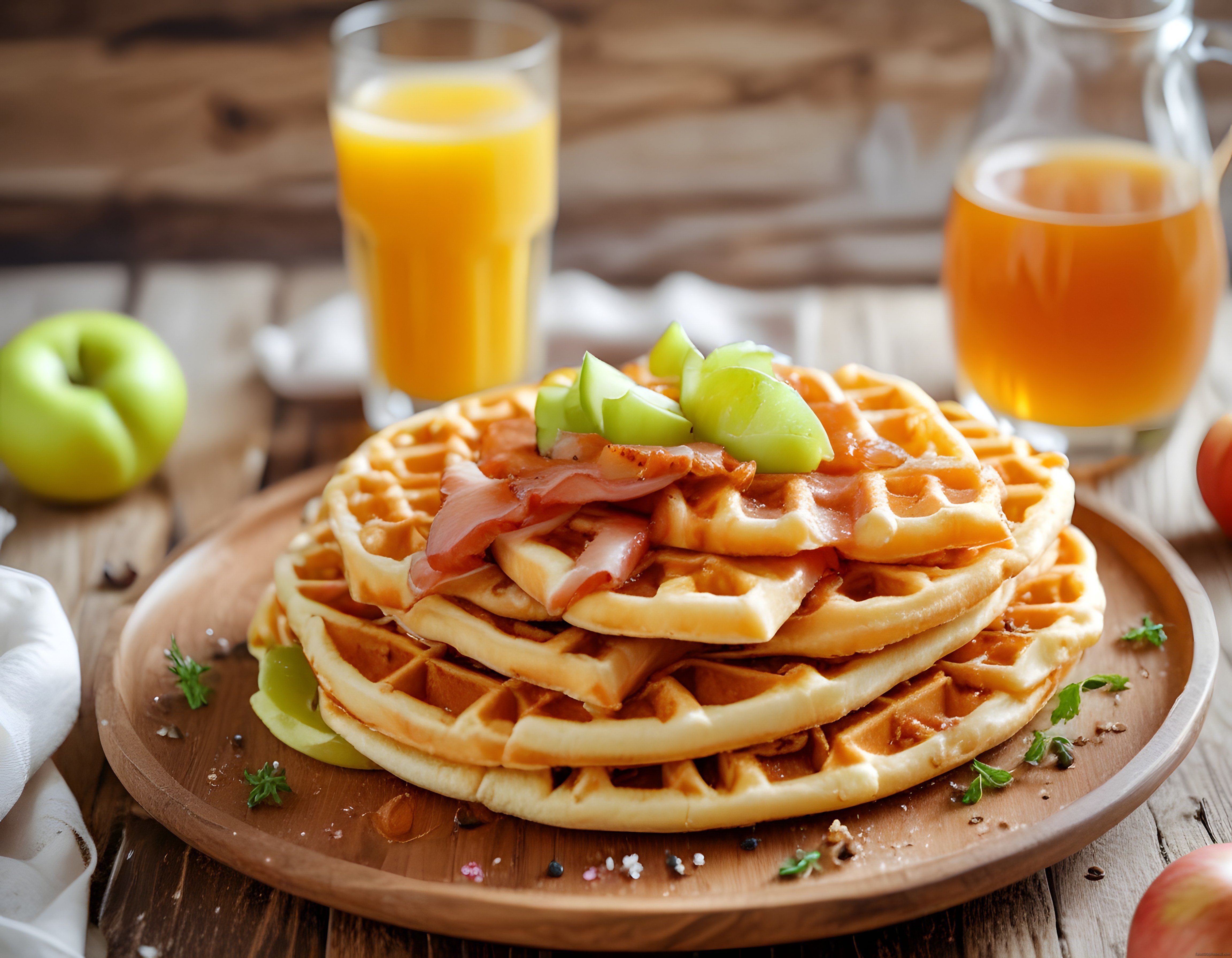Elma ve Jambonlu Waffle Tabağı, Portakal Suyu Eşliğinde Sıcacık Kahvaltı
