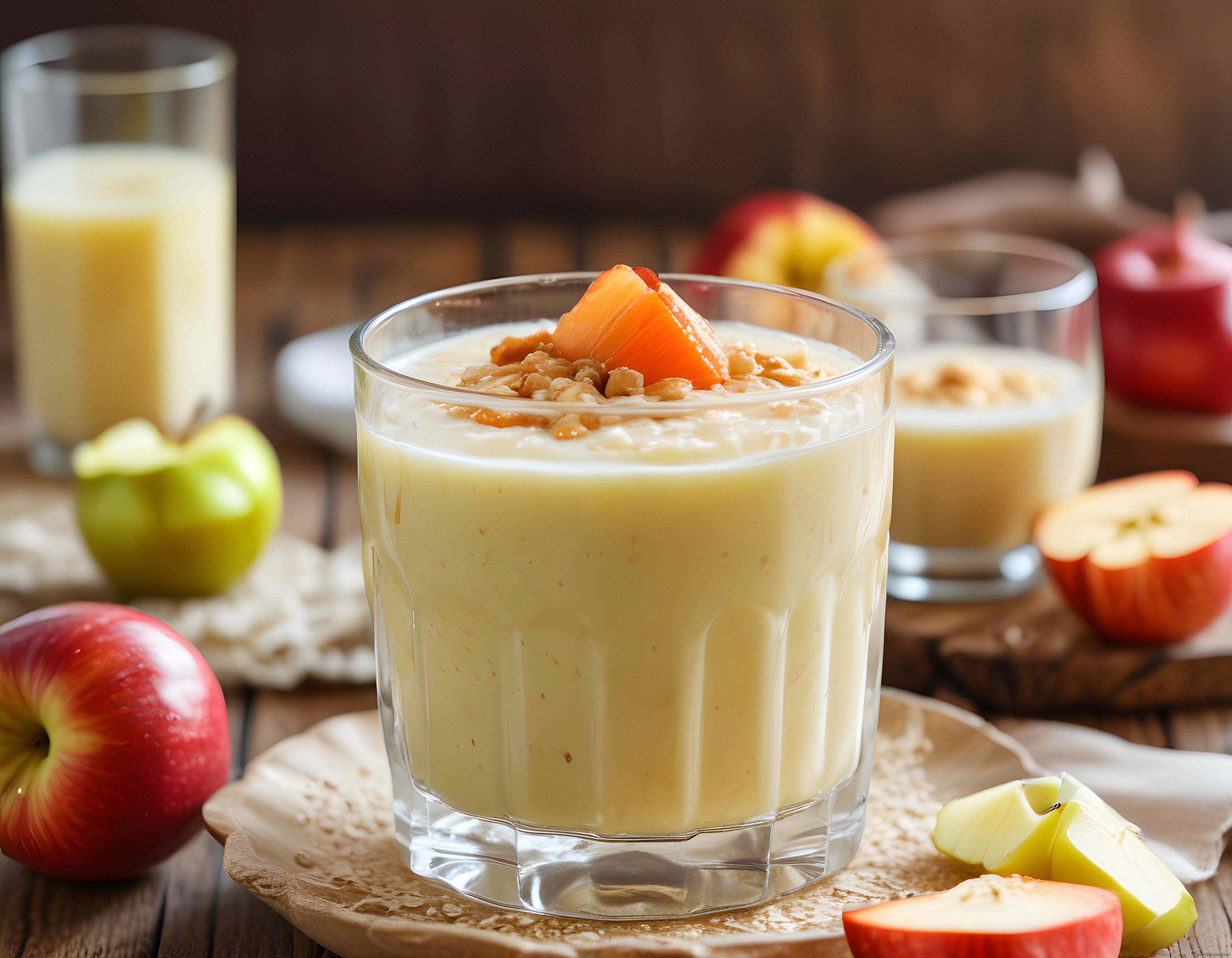 Elmalı Cevizli Smoothie: Ahşap Masada Doğal Kahvaltılık İçecek Sunumu