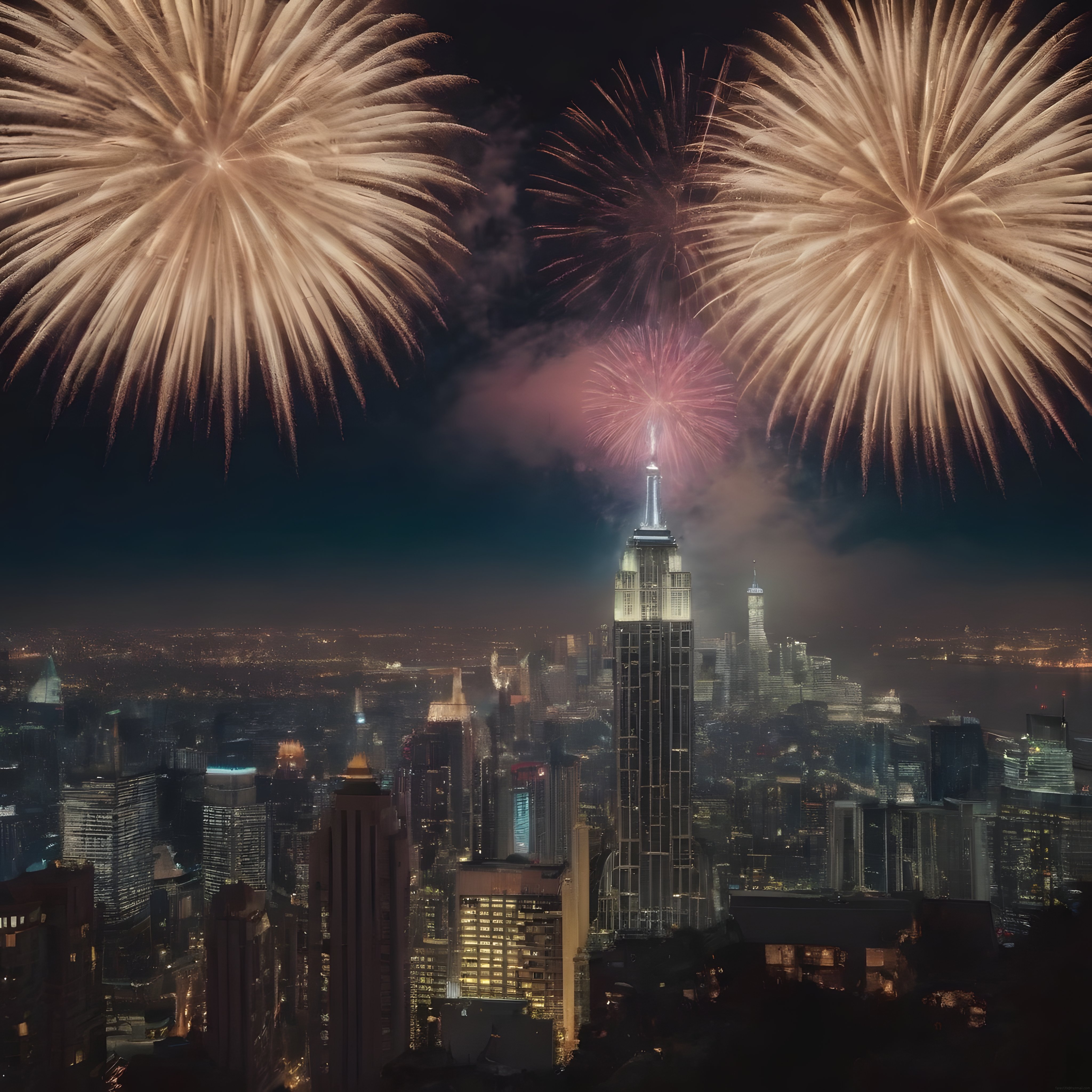 Empire State Building ve Havai Fişeklerle Süslenen New York Gecesi