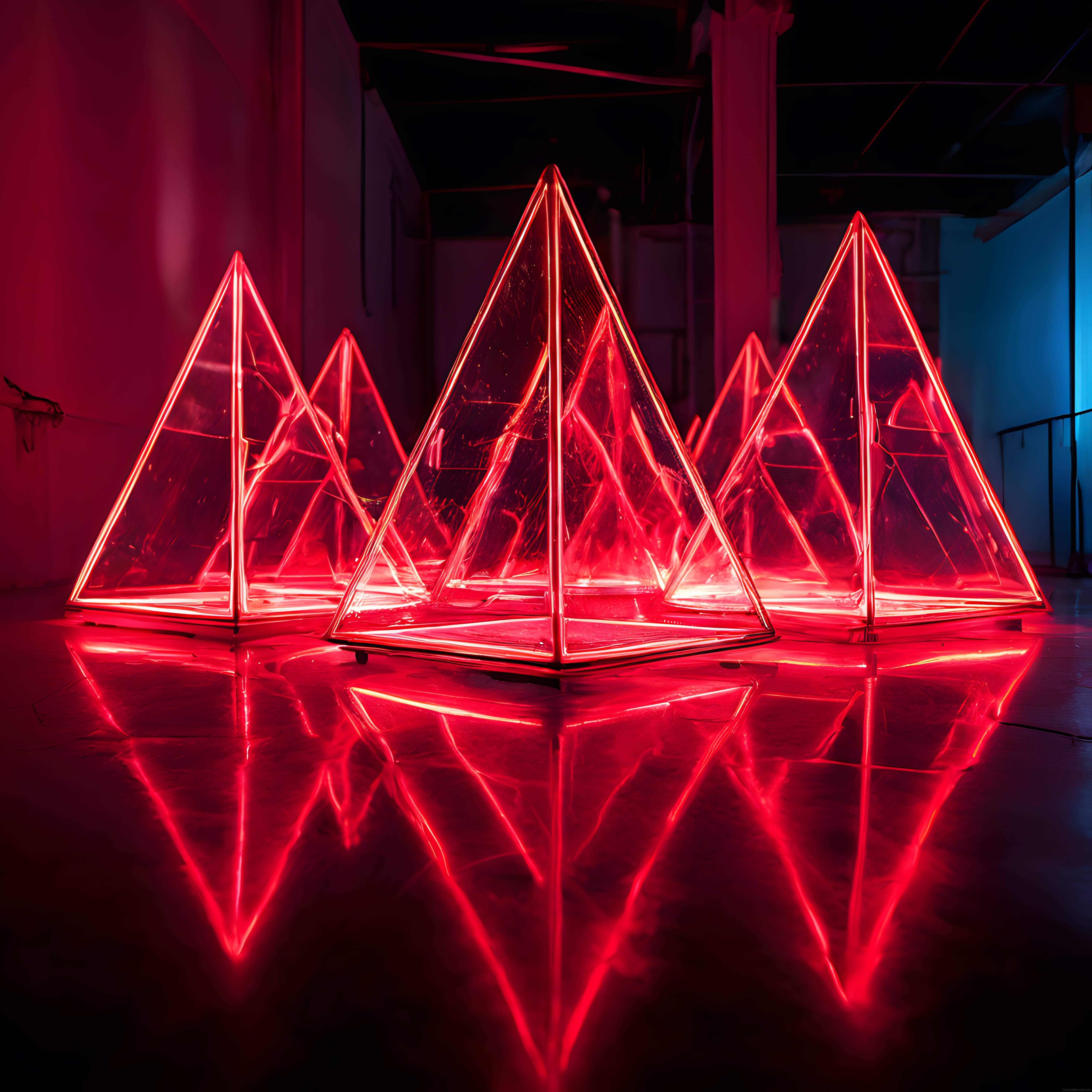 Endüstriyal Mekanda Kırmızı Neon Işıklı Piramit Sanat Enstalasyonu