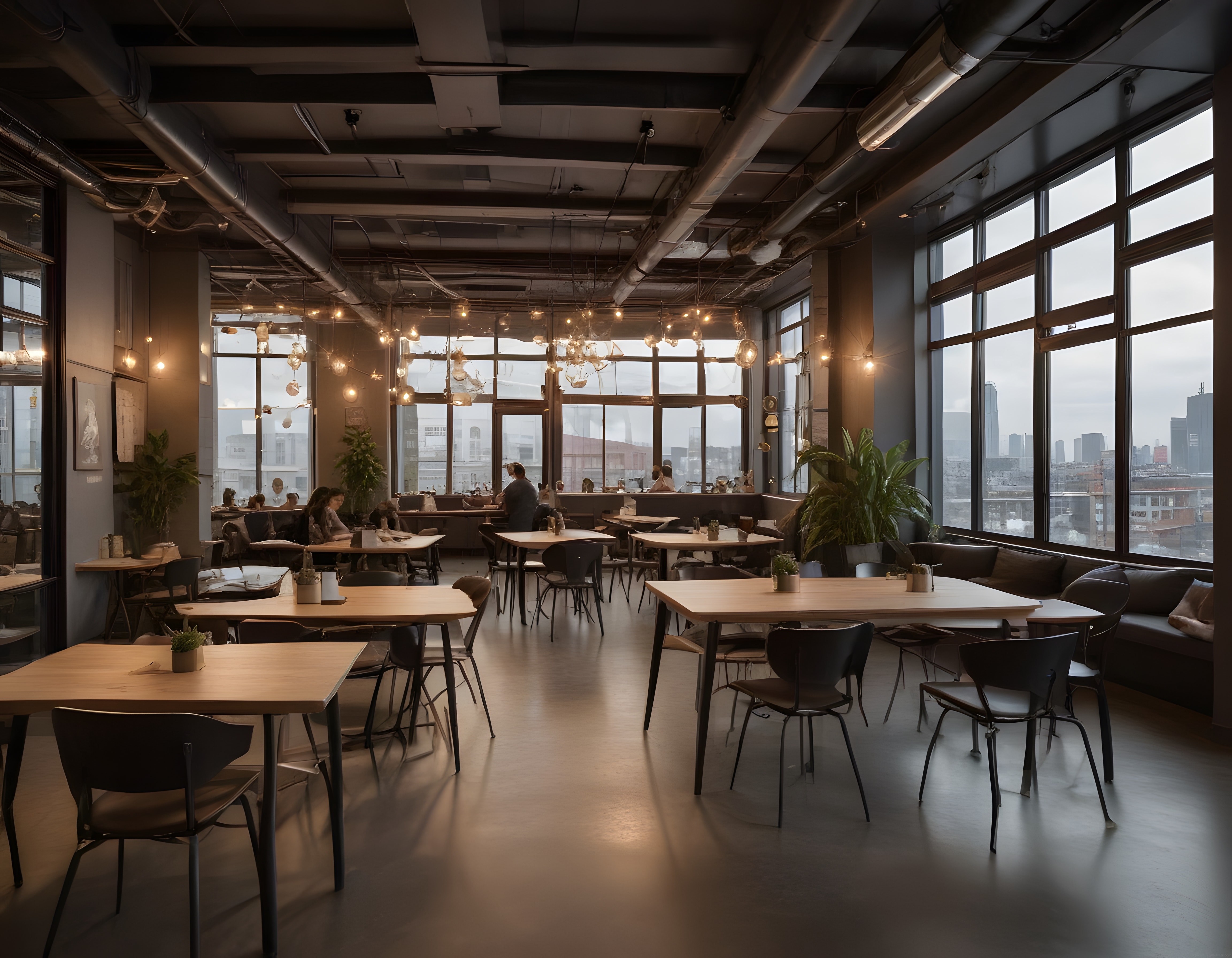 Endüstriyel Loft Tarzında Modern Restoran Atmosferi ve Şehir Manzarası