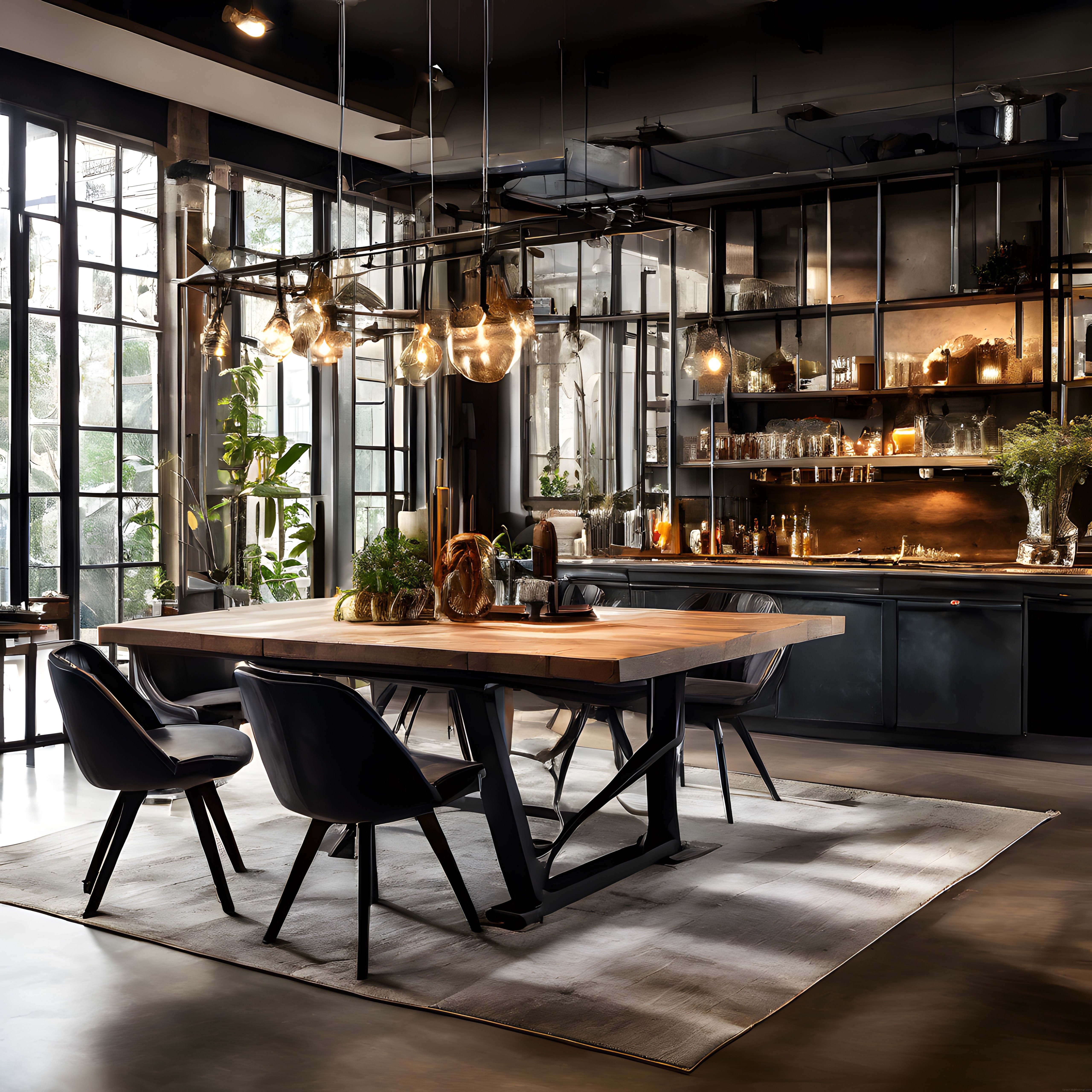 Endüstriyel Loft Tarzında Modern Yemek Odası ve Açık Mutfak Tasarımı