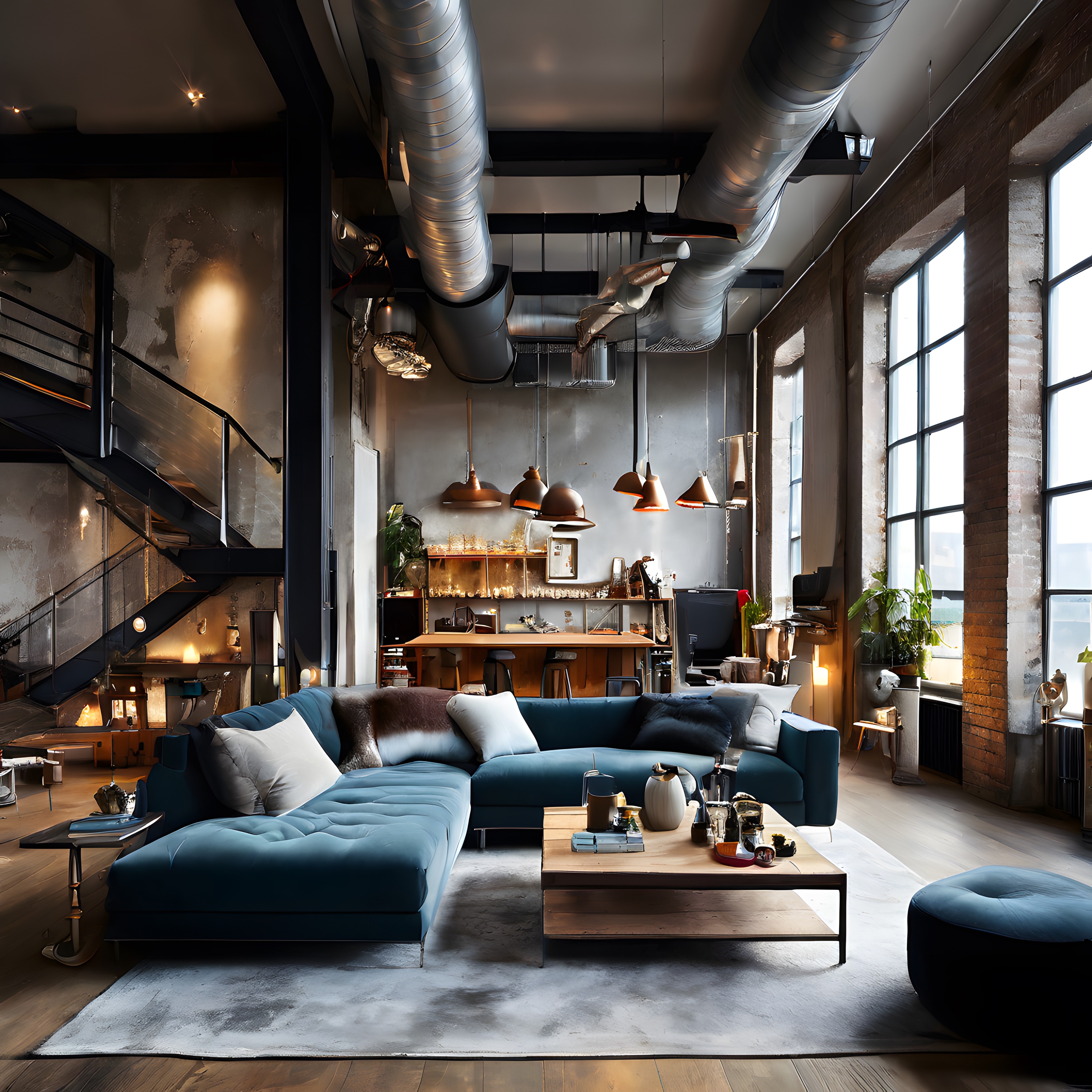 Endüstriyel Tarzda Tasarlanmış Modern Loft Daire Salonu ve Yaşam Alanı