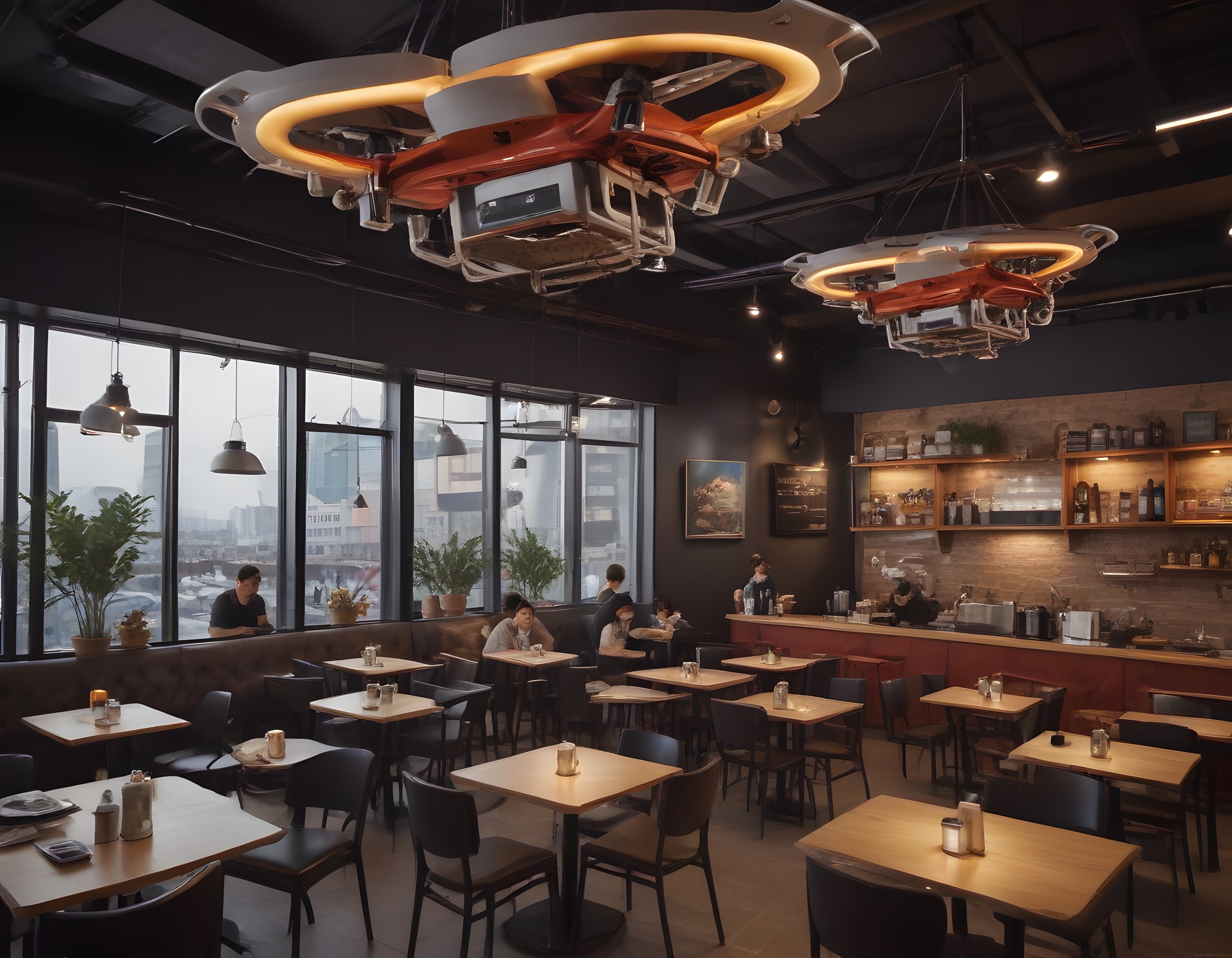 Endüstriyel tasarımlı modern kafe restoranın iç mekanı ve tavan dekorasyonu