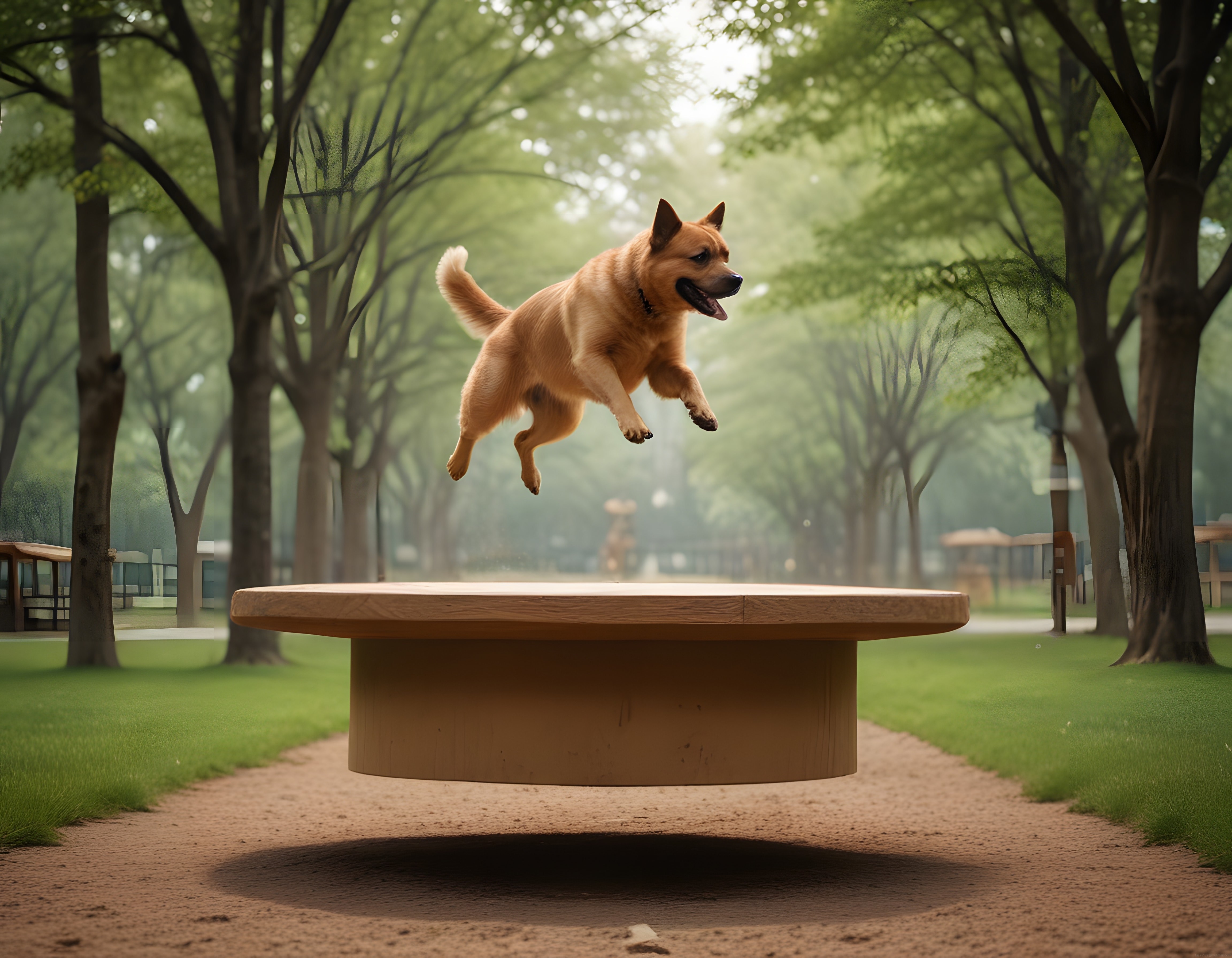 Enerjik Köpek Yeşil Ormanda Ahşap Platformun Üzerinde Havada Süzülüyor