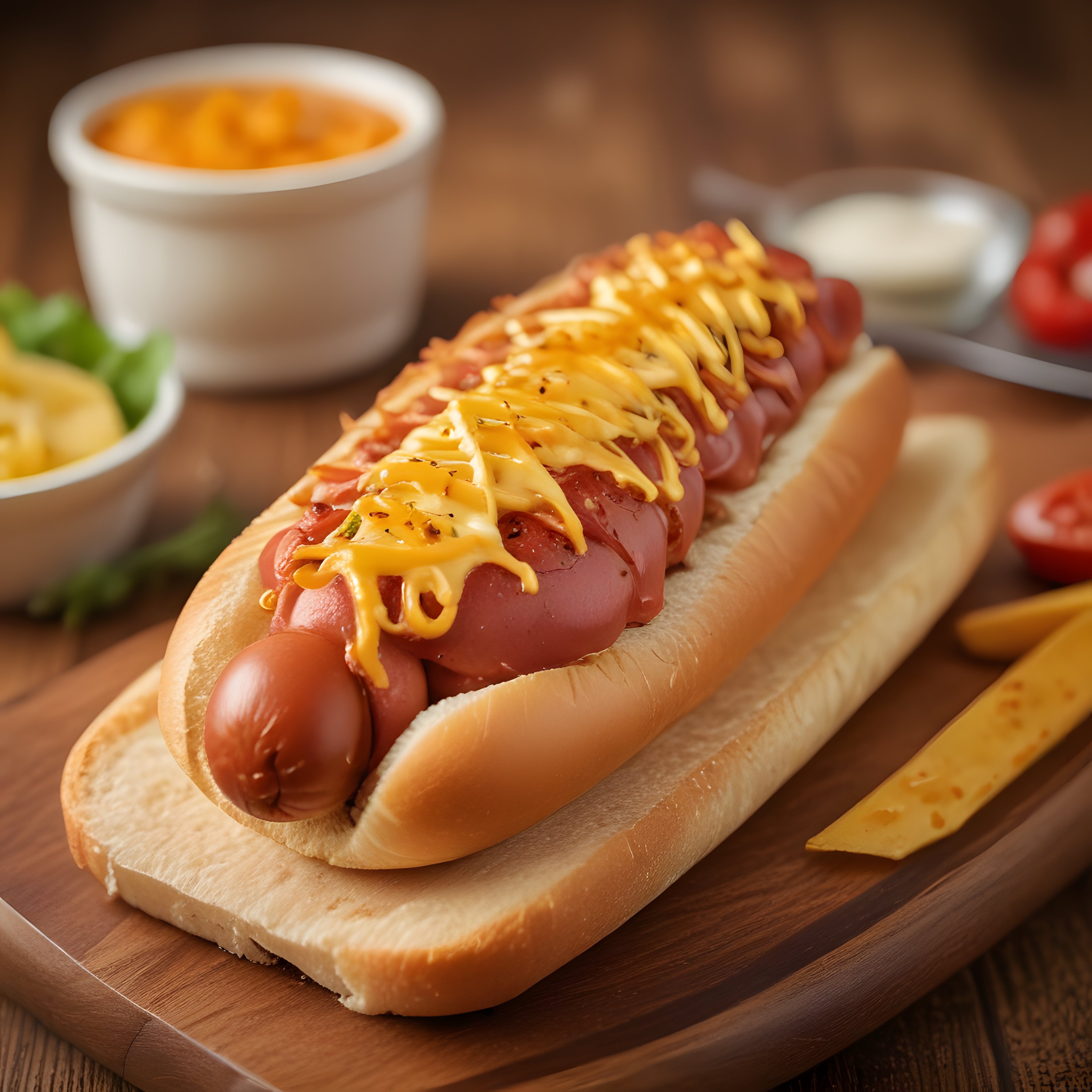 Erimiş cheddar peynirli ve soslu hot dog ahşap sunum tahtası üzerinde