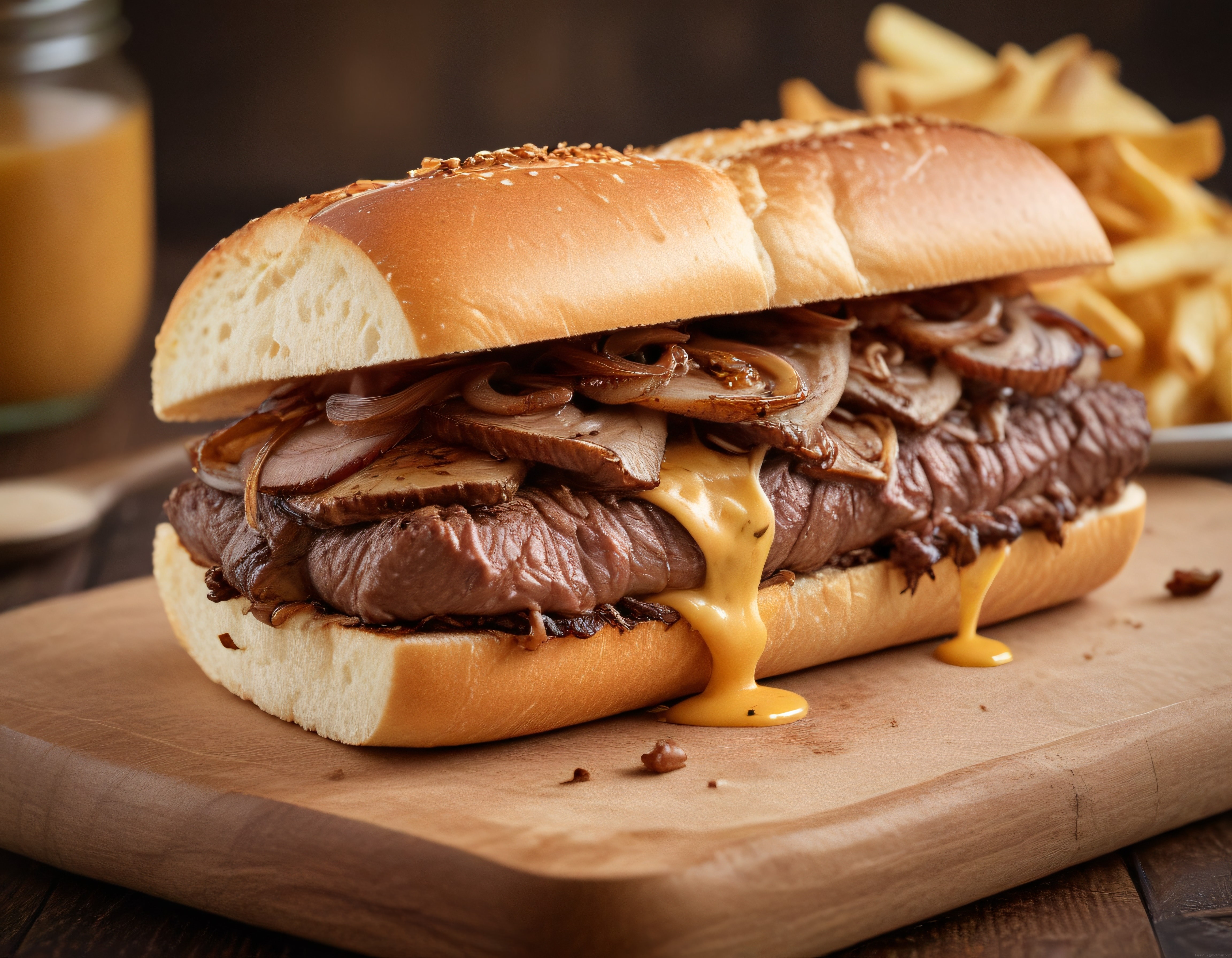 Erimiş cheddarlı karamelize soğanlı roast beef sandviç ve patates kızartması