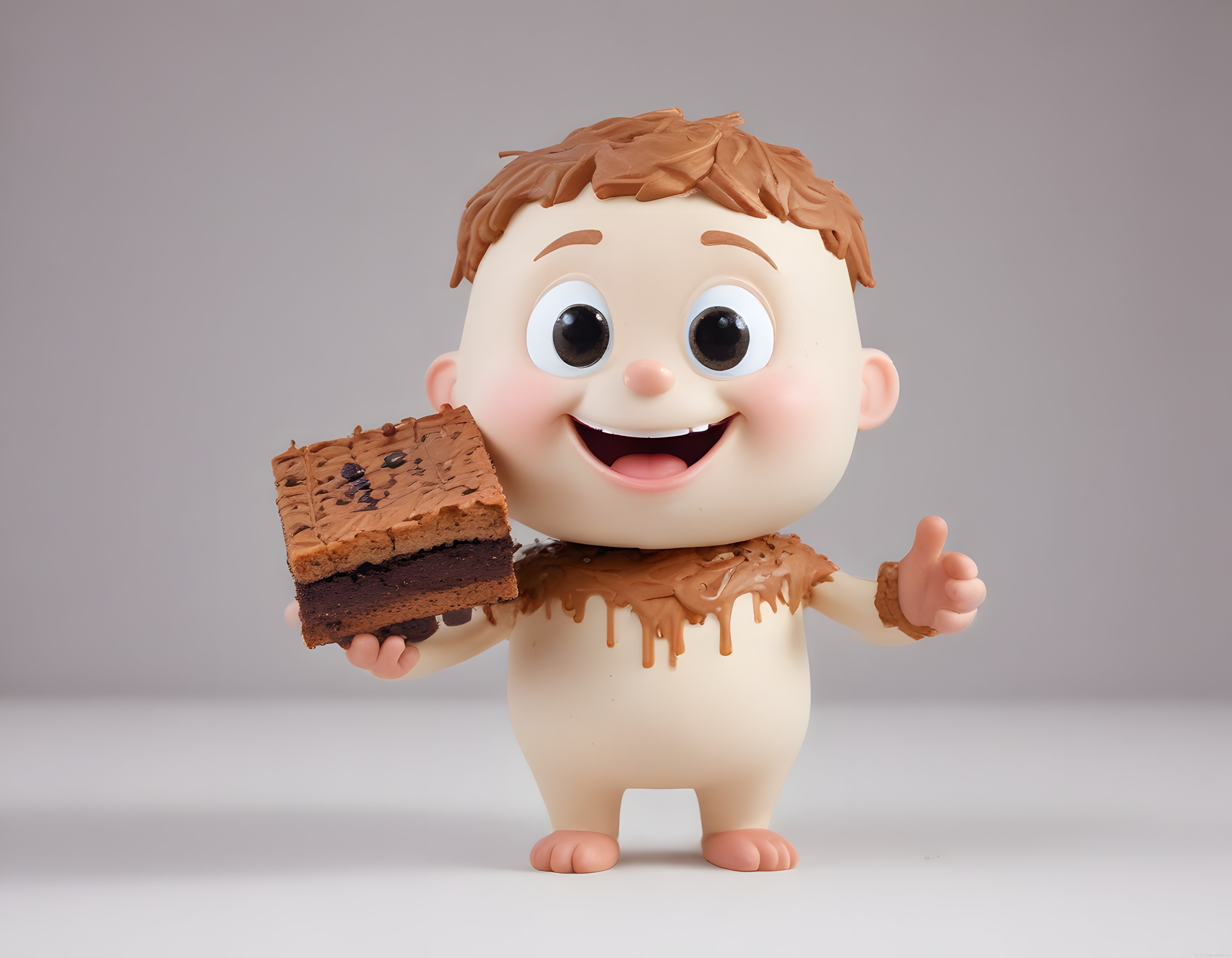 Erimiş çikolatalı sevimli 3D karakter elinde brownie tutuyor ve mutlu gülümsüyor