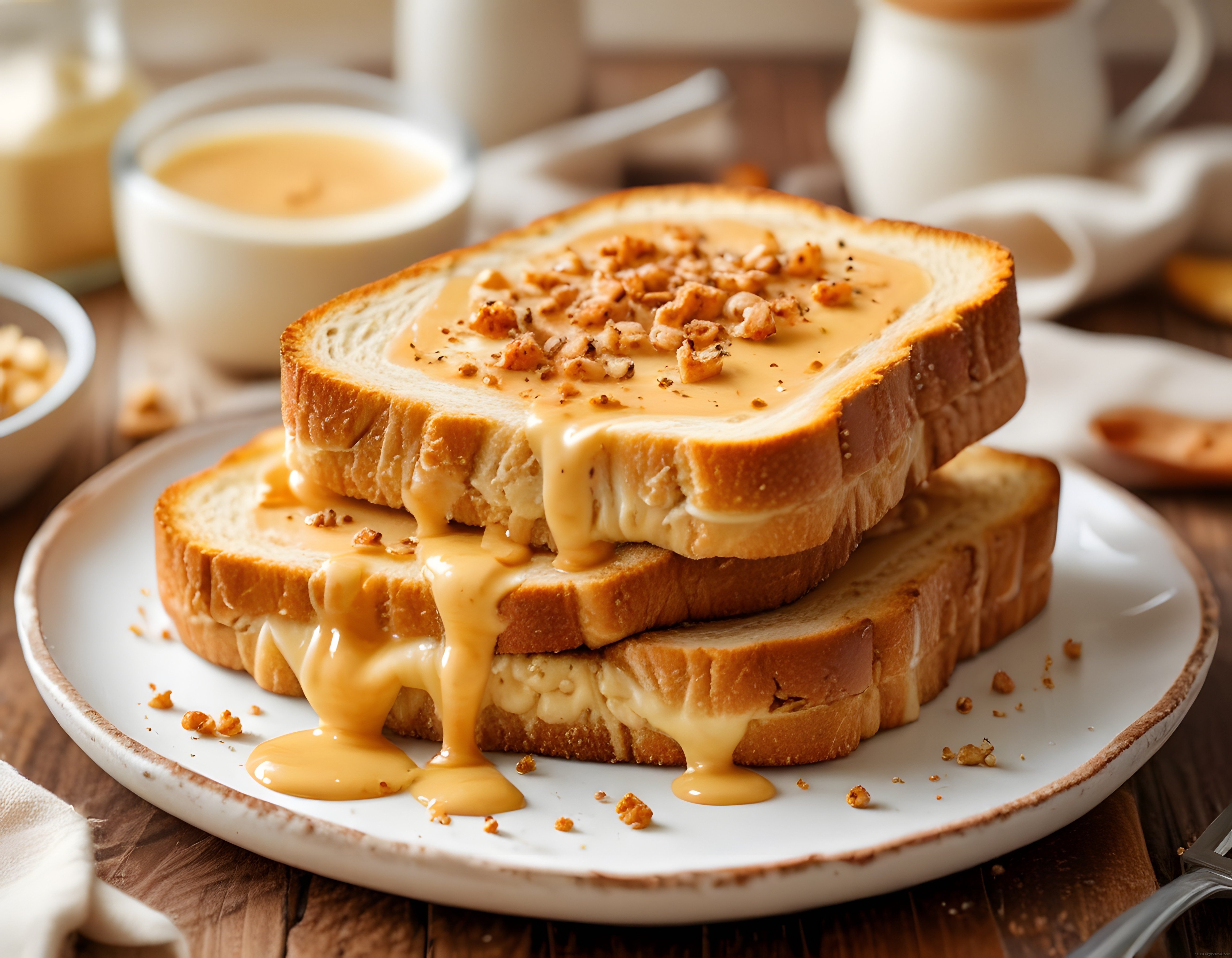 Erimiş Karamel ve Fındıkla Süslenmiş Tost Ekmeği Kahvaltı Tabağında