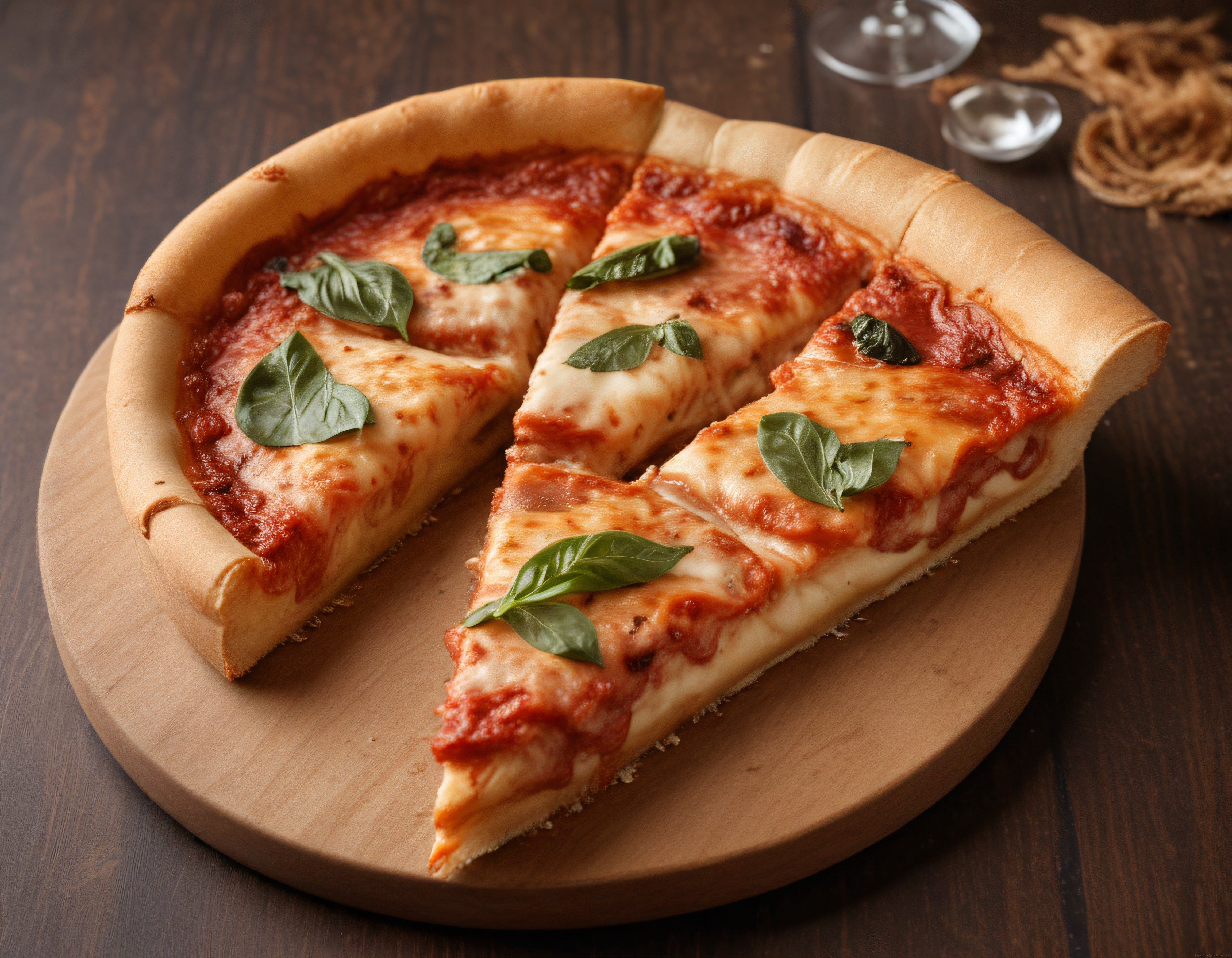 Erimiş Mozzarella Peynirli ve Taze Fesleğenli Kalın Kenarlı Pizza Sunumu