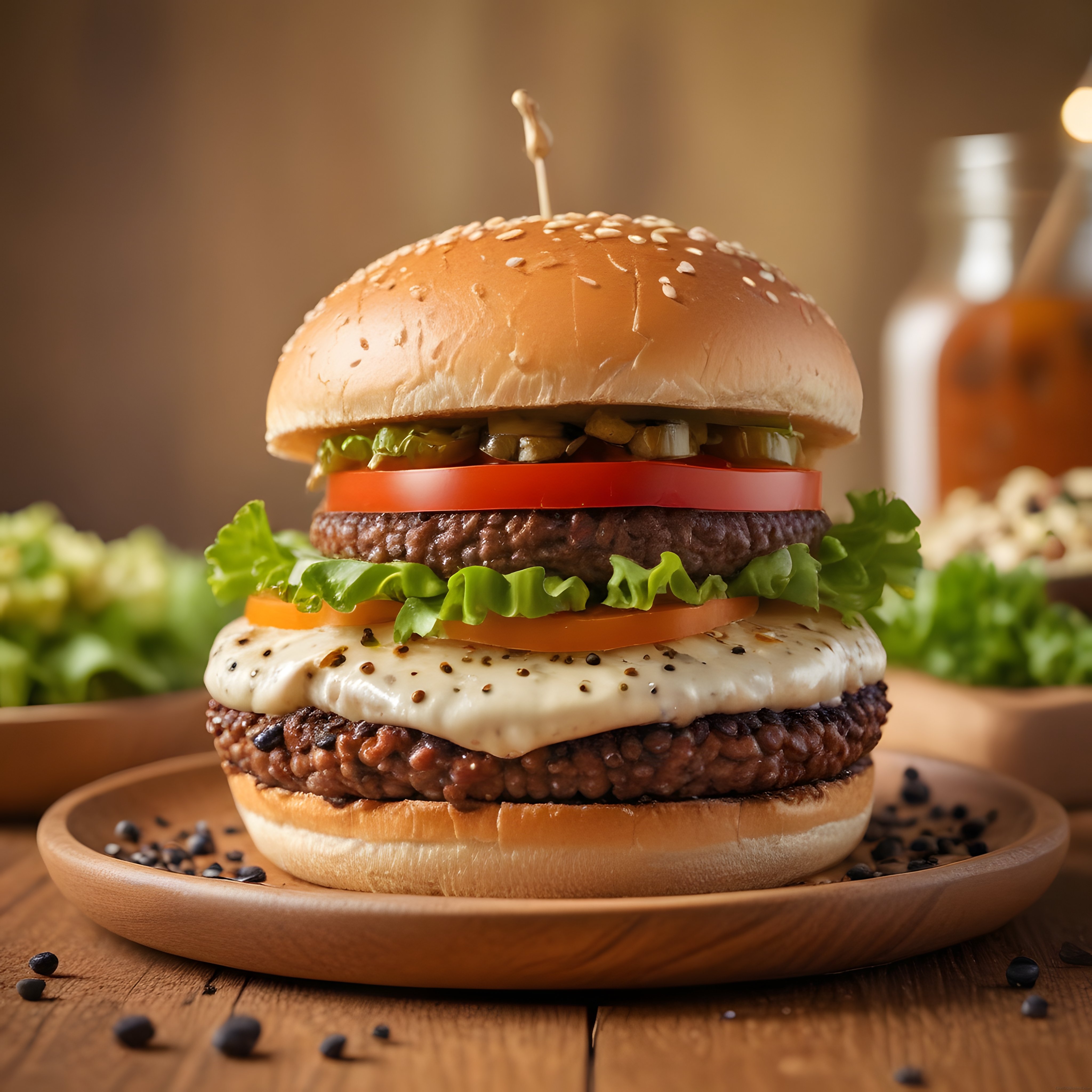 Erimiş Peynirli Çift Katlı Hamburger ve Organik Ahşap Sunum Tabağı