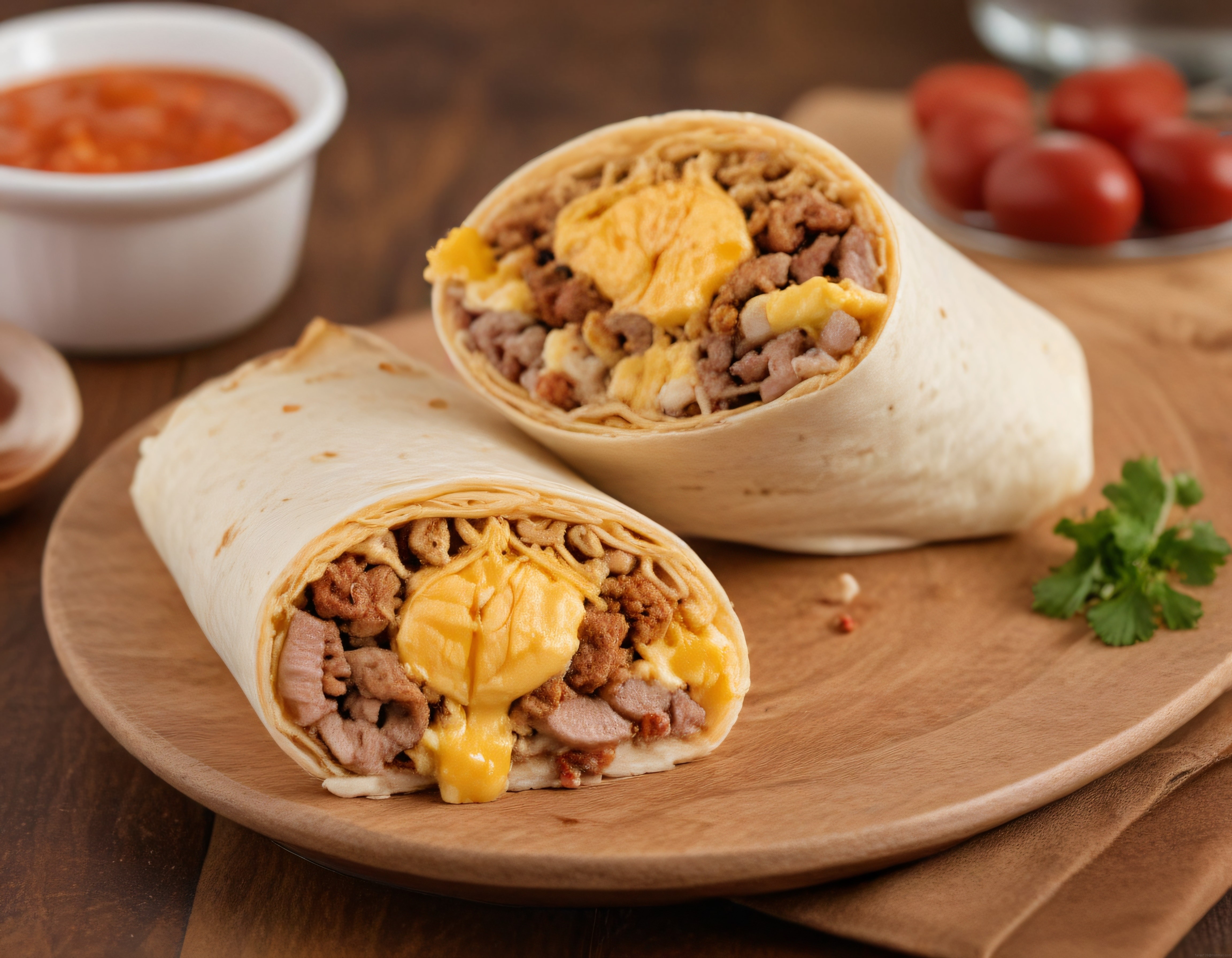 Erimiş Peynirli Etli Meksika Burritoları Ahşap Tahtada Sunum