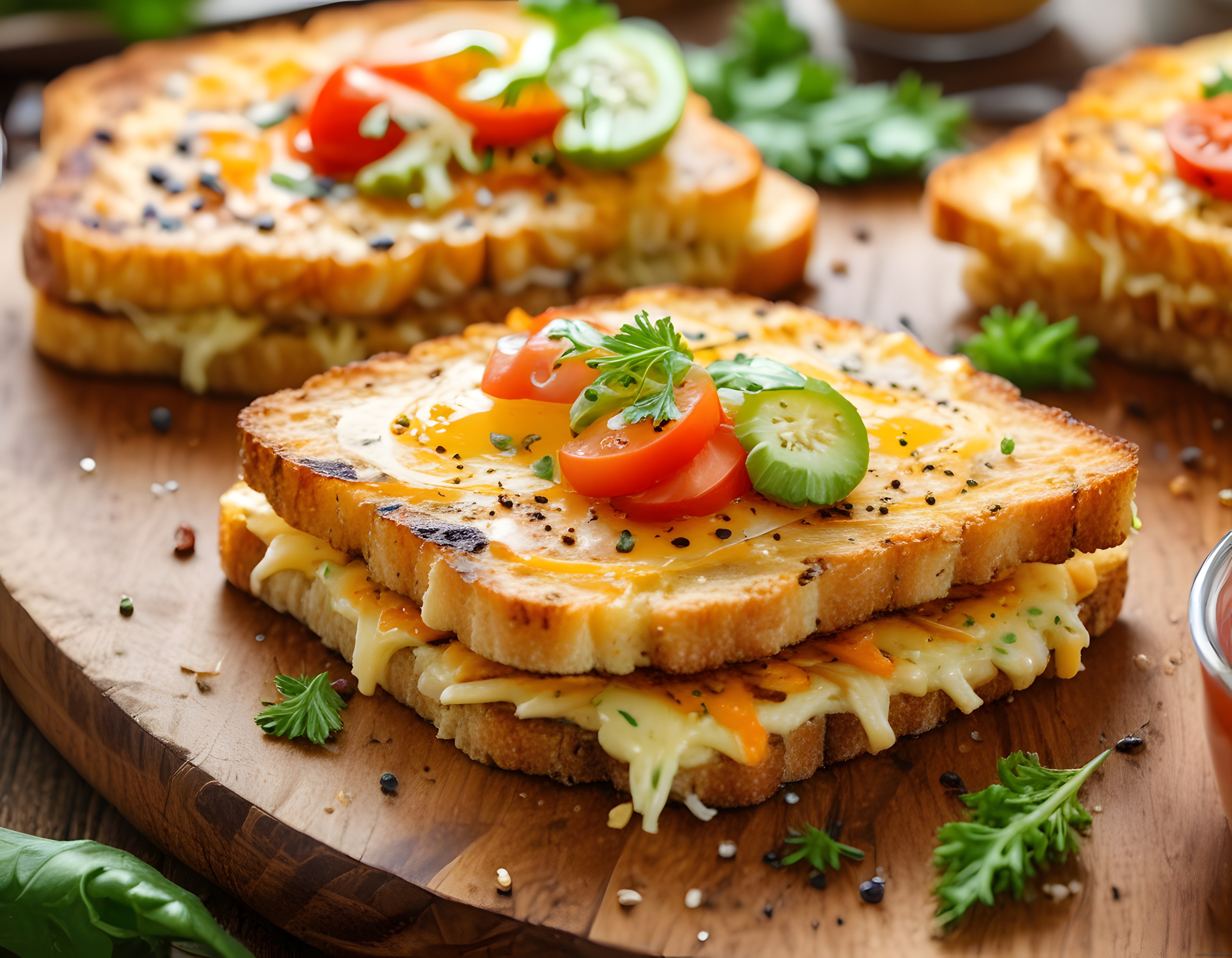 Erimiş Peynirli Tost Üzerinde Domates ve Salatalık ile Kahvaltılık Sunum