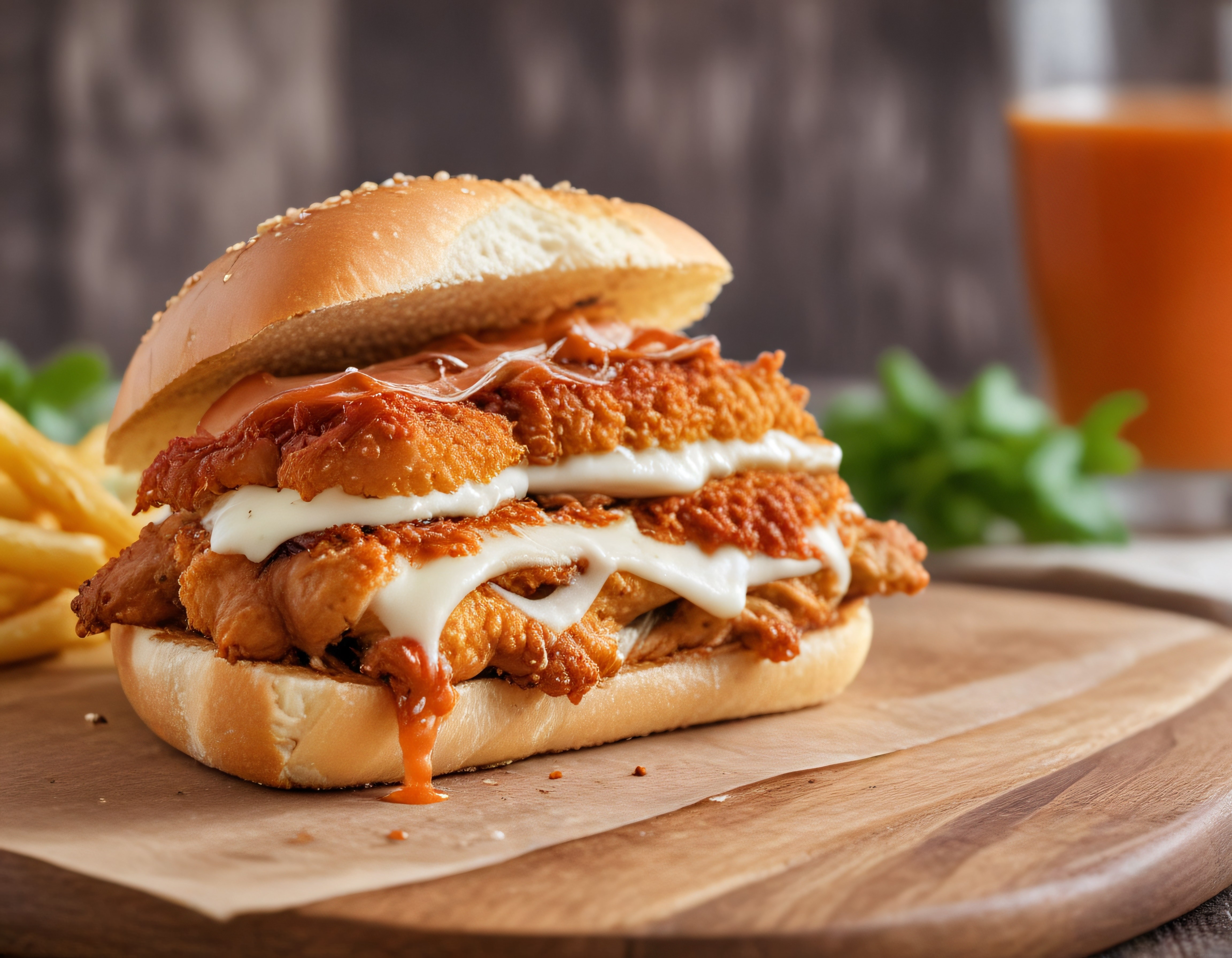 Erimiş Peynirli ve Soslu Çıtır Tavuk Burger ile Patates Kızartması Sunumu