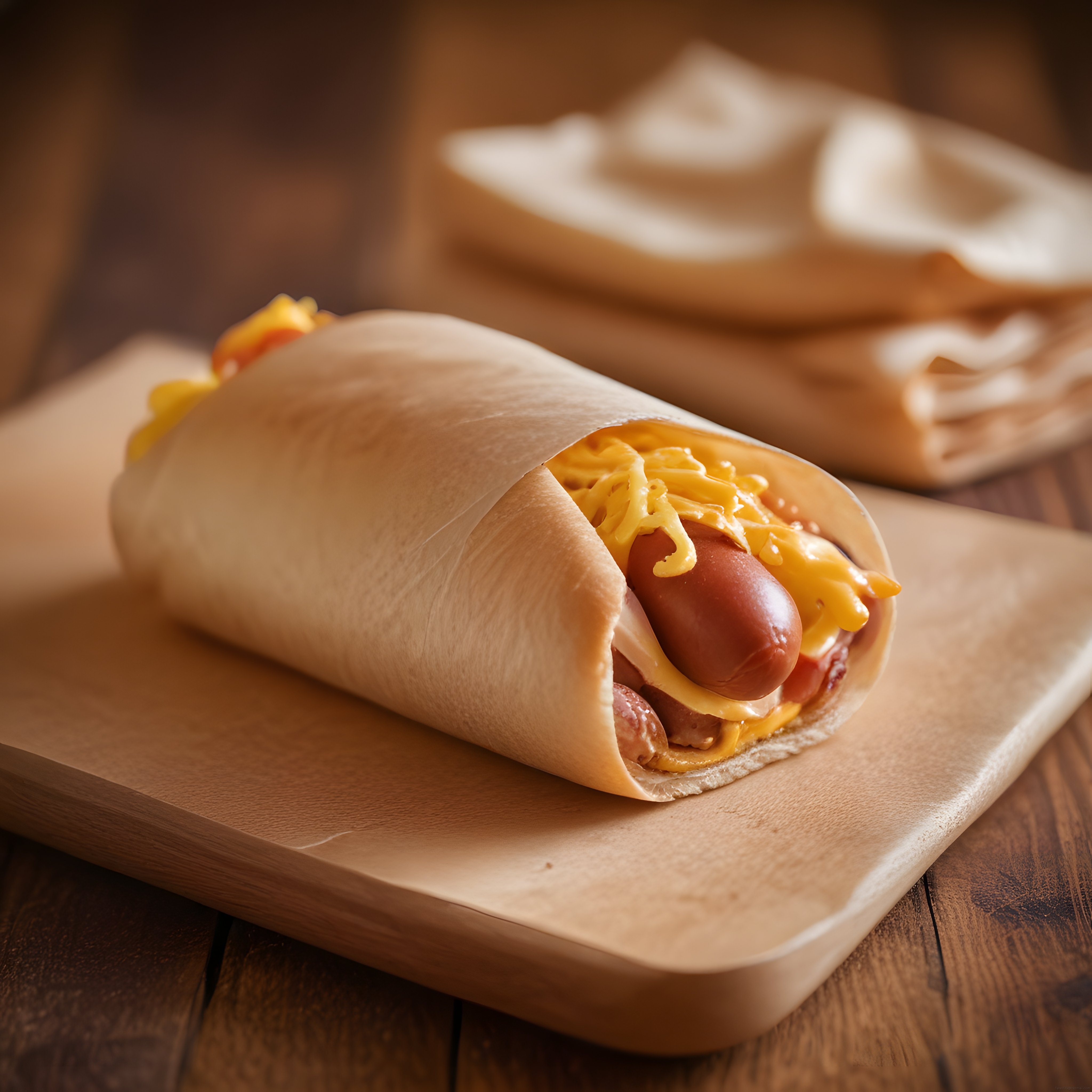 Eritilmiş Cheddar Peynirli Sosisli Rulo Sandviç: Rustik Ahşap Sunumda Fast Food