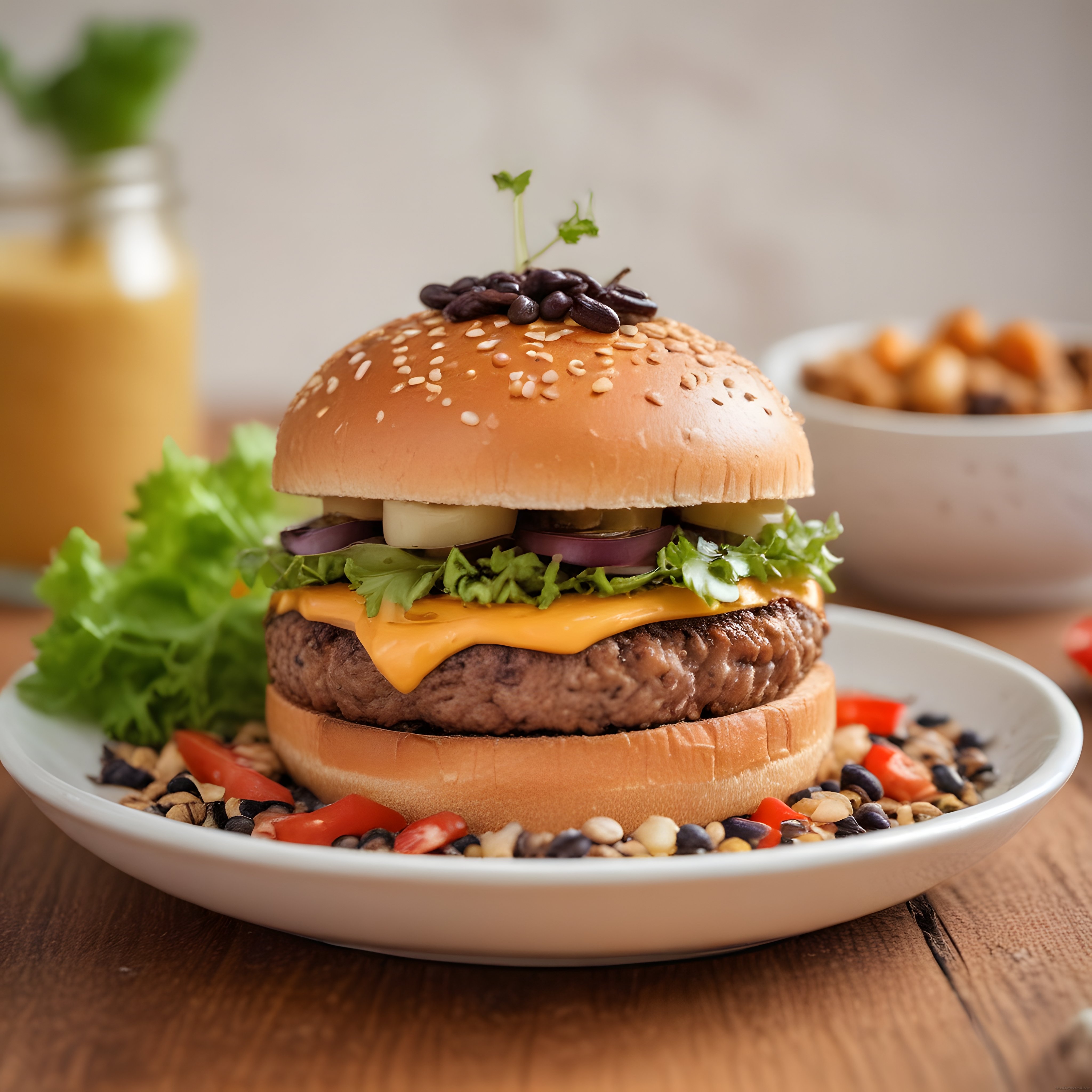 Eritilmiş Cheddarlı Gourmet Hamburger ve Yanında Özel Soslu Patates Kızartması