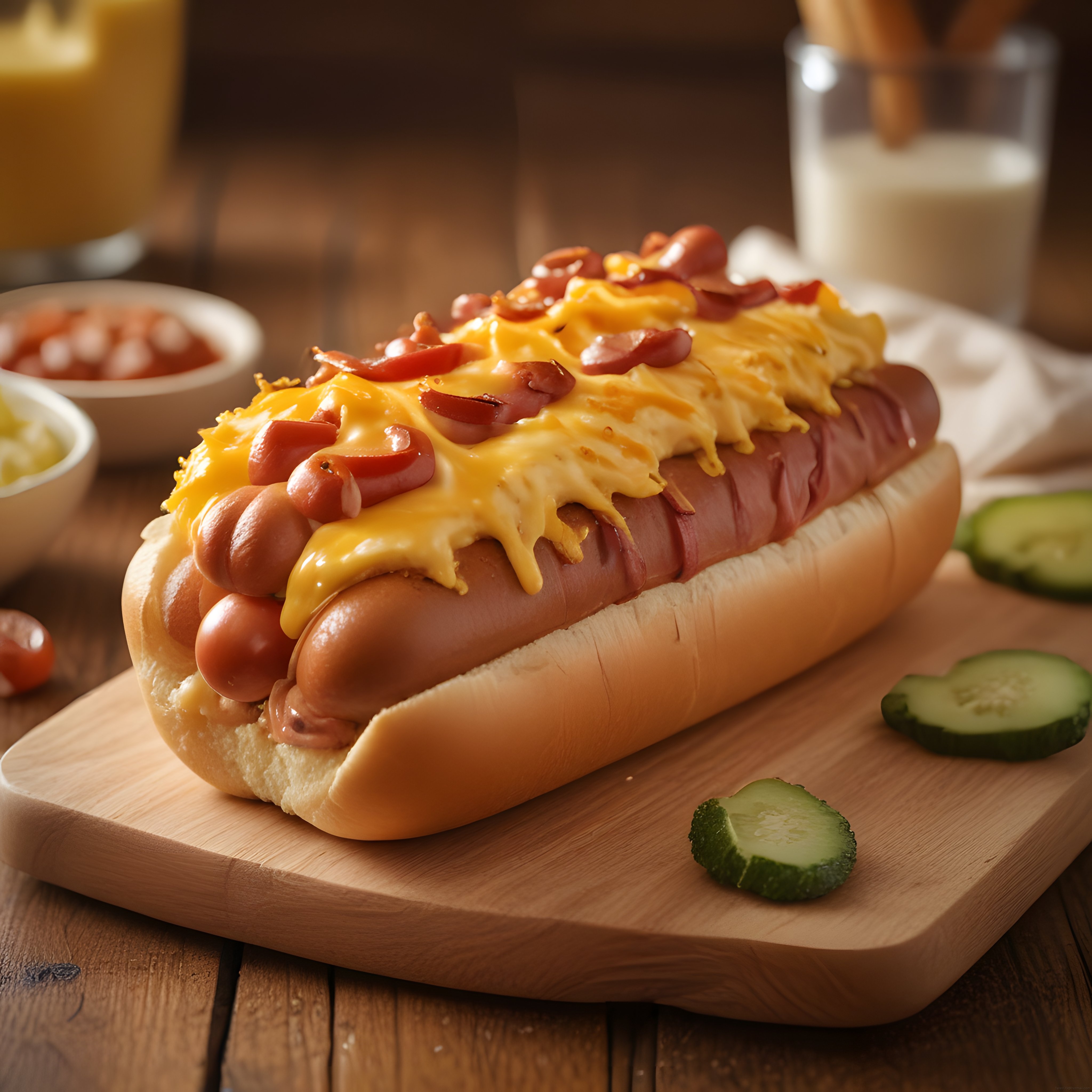 Eritme Peynir ve Salam Parçalarıyla Süslenmiş Sıcak Hot Dog Sunumu
