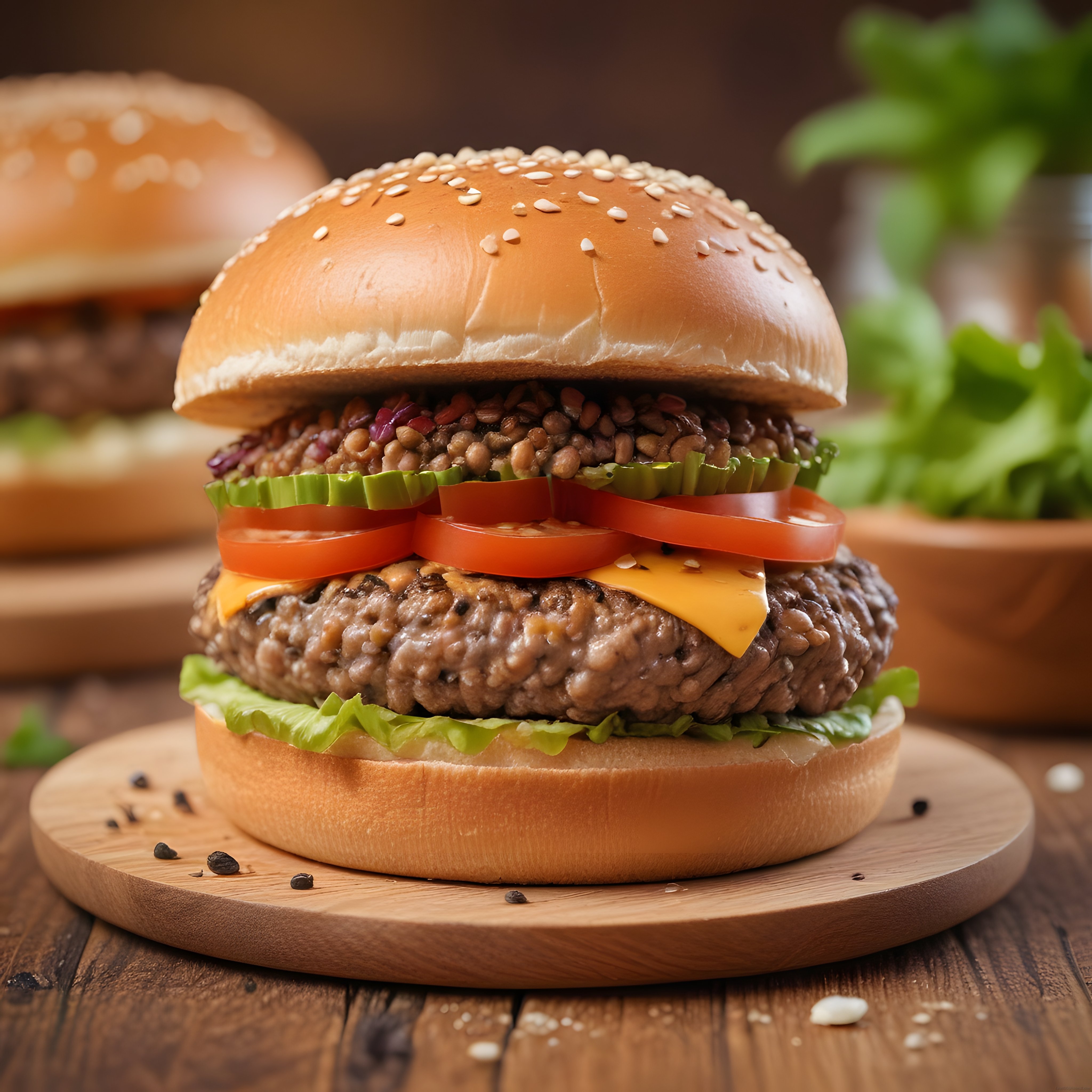 Eritme Peynirli ve Taze Sebzeli Susamlı Ekmekte Gourmet Hamburger